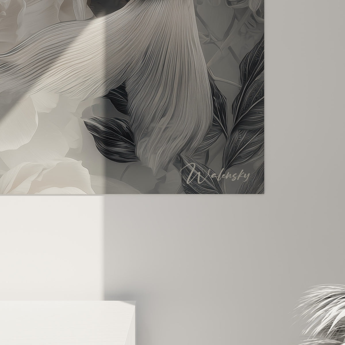 Détail des écailles argentées et des pétales veloutés du koï, texture nacrée et reflets anthracite