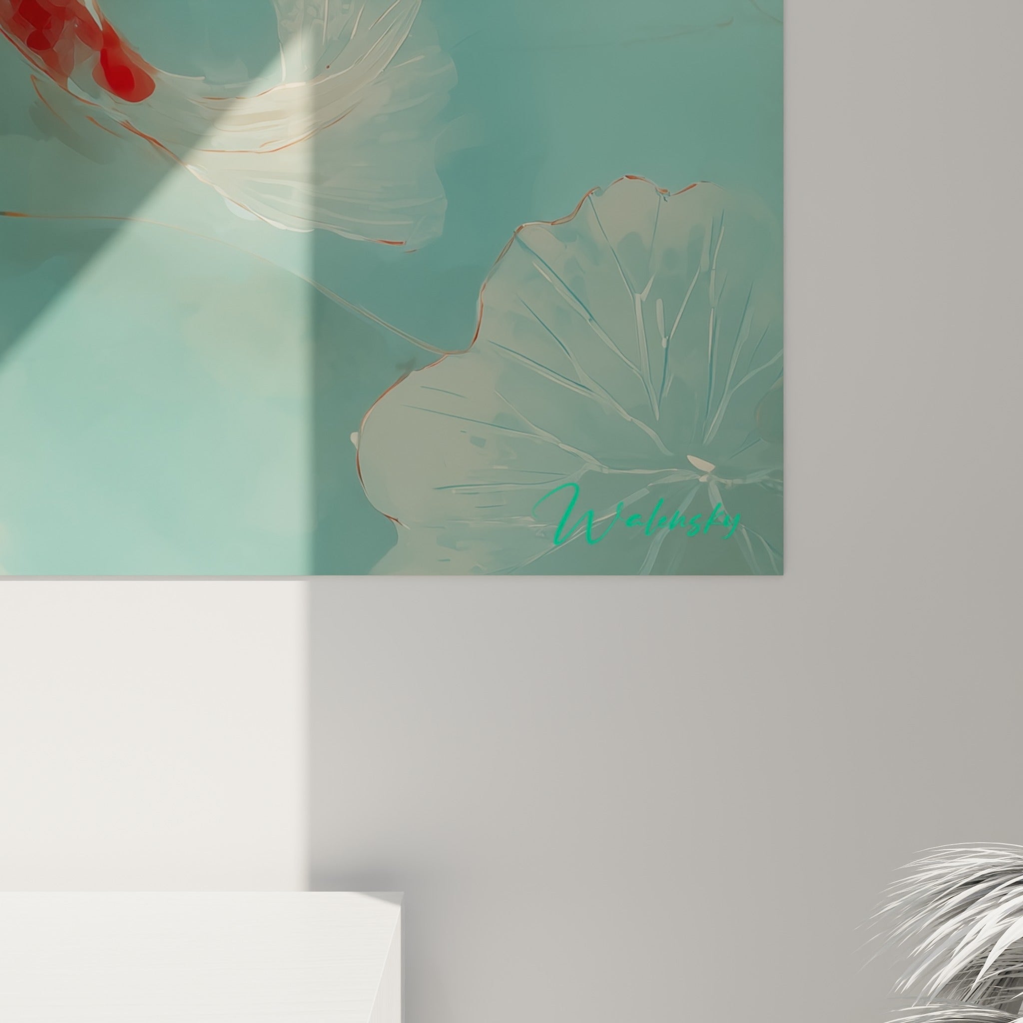 Détail des écailles rouge et blanc du koï, texture aquarelle et reflets turquoise sur l'eau