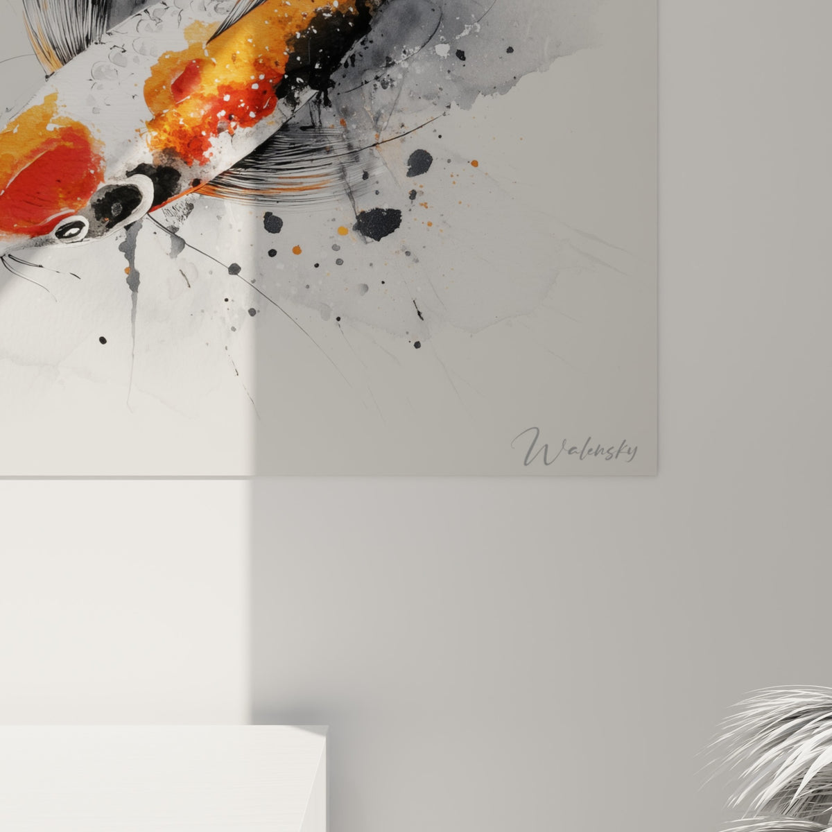Détail des écailles orange et des coulures noires du tableau koi, grain de l'impression visible