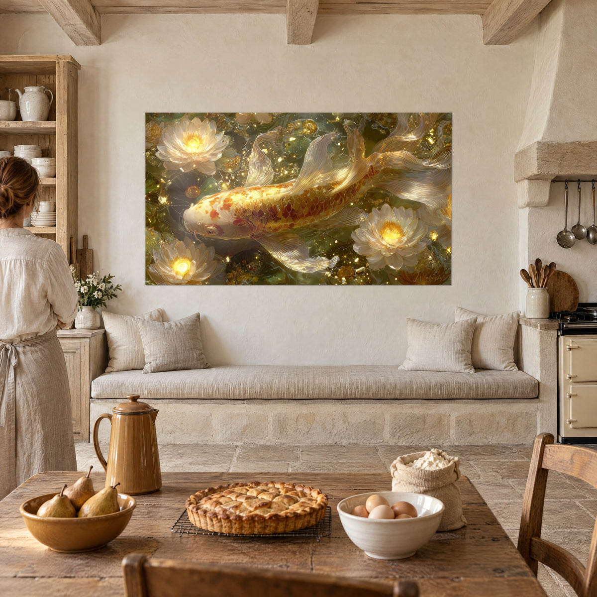 Quadro stagno scintillante in cui scivola un koi avorio chiazzato di arancio, ninfee dagli stami dorati, sopra una panca da cucina rustica