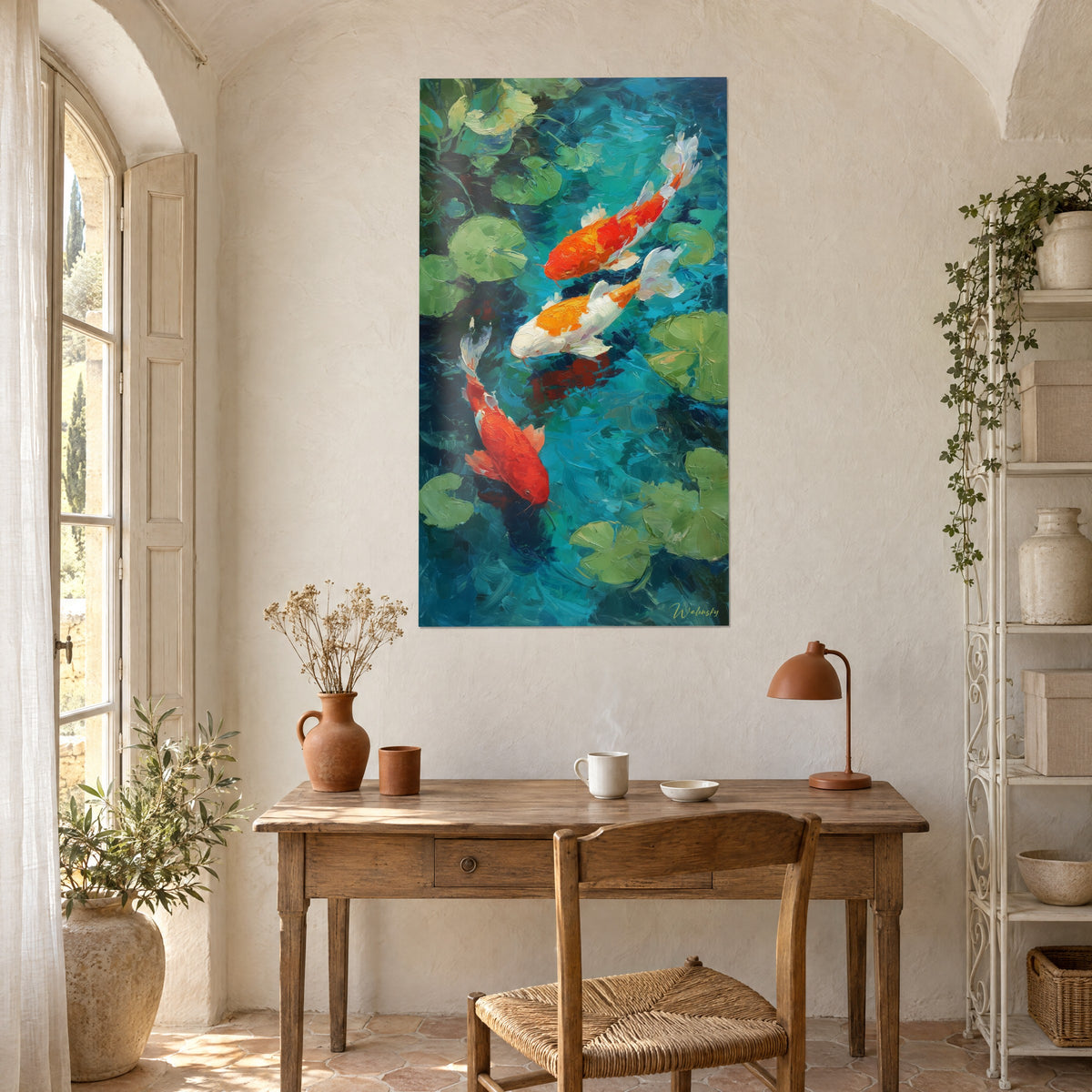 Quadro di pesci giapponesi vermiglio e bianchi sotto foglie verdi, acqua blu-verde vibrante, appeso sopra una scrivania di legno