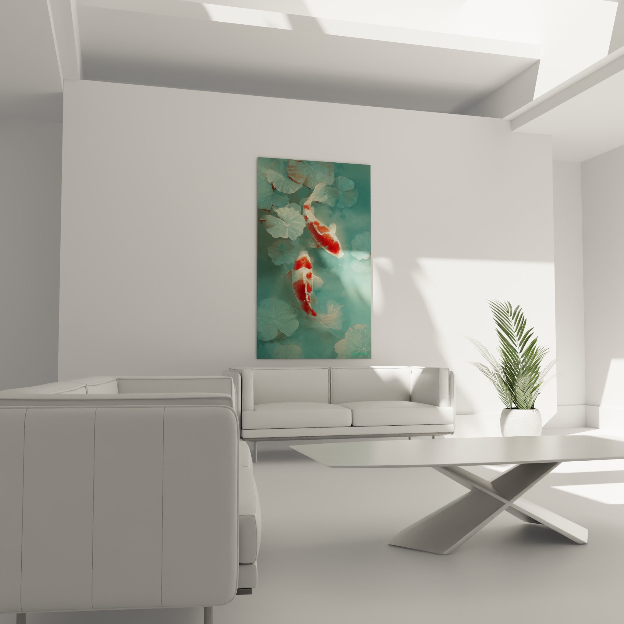 Poissons koï évoluant en tons turquoise au-dessus d'un canapé dans un salon lumineux