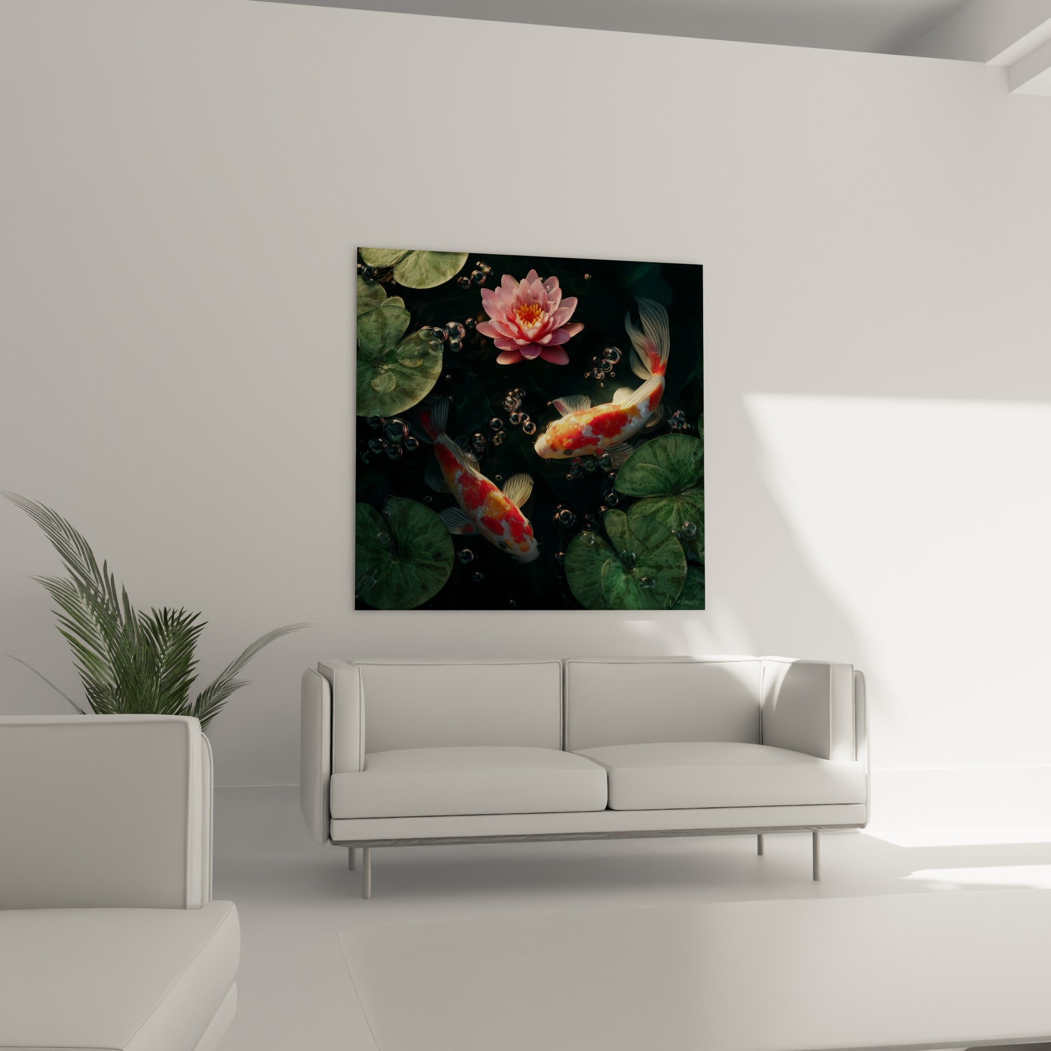 Koi rouge et doré évoluant sous une fleur de lotus rose, au-dessus d'un canapé dans un salon lumineux
