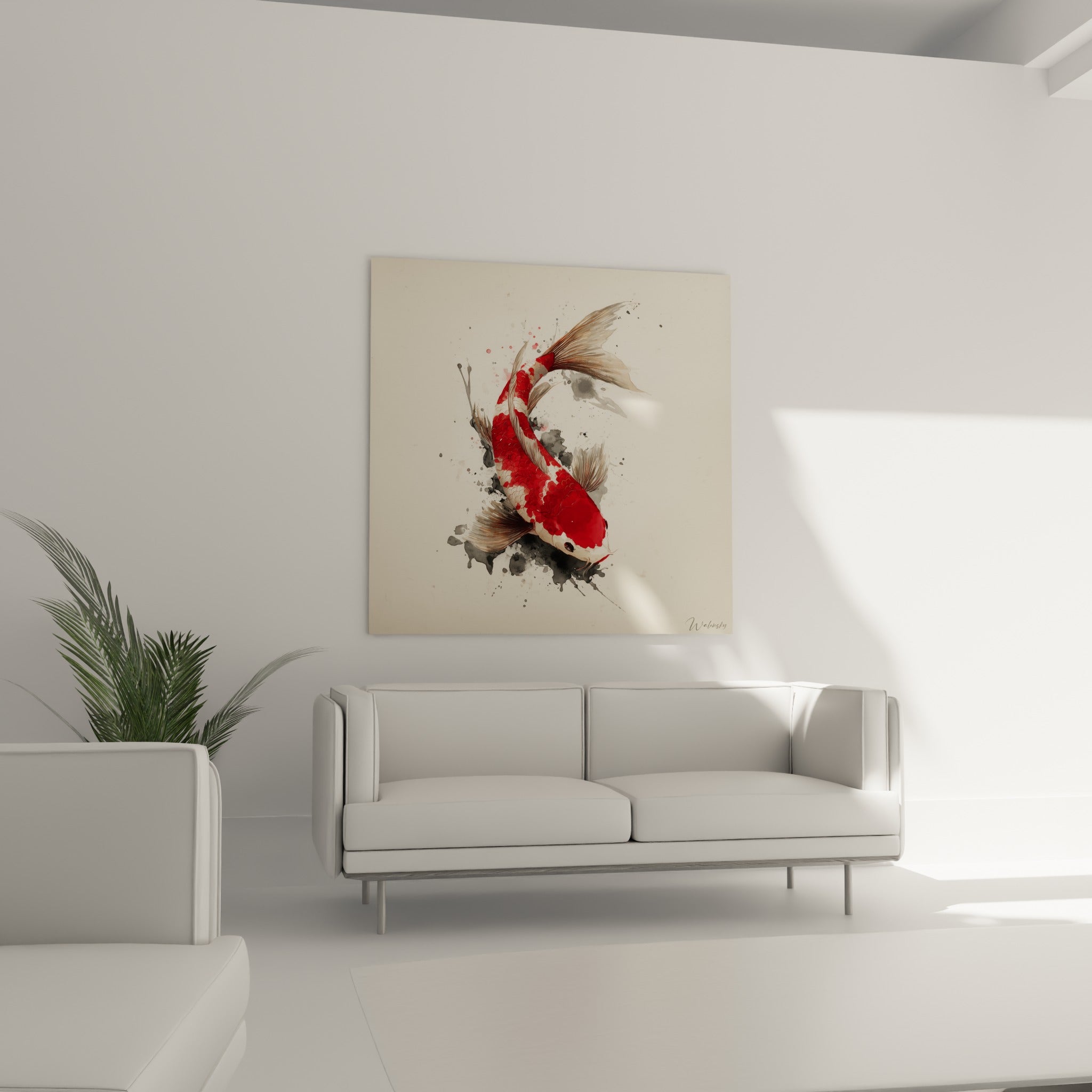 Silhouette de koï rouge et blanche entourée d'encre grise, suspendue au-dessus d'un canapé dans un salon lumineux