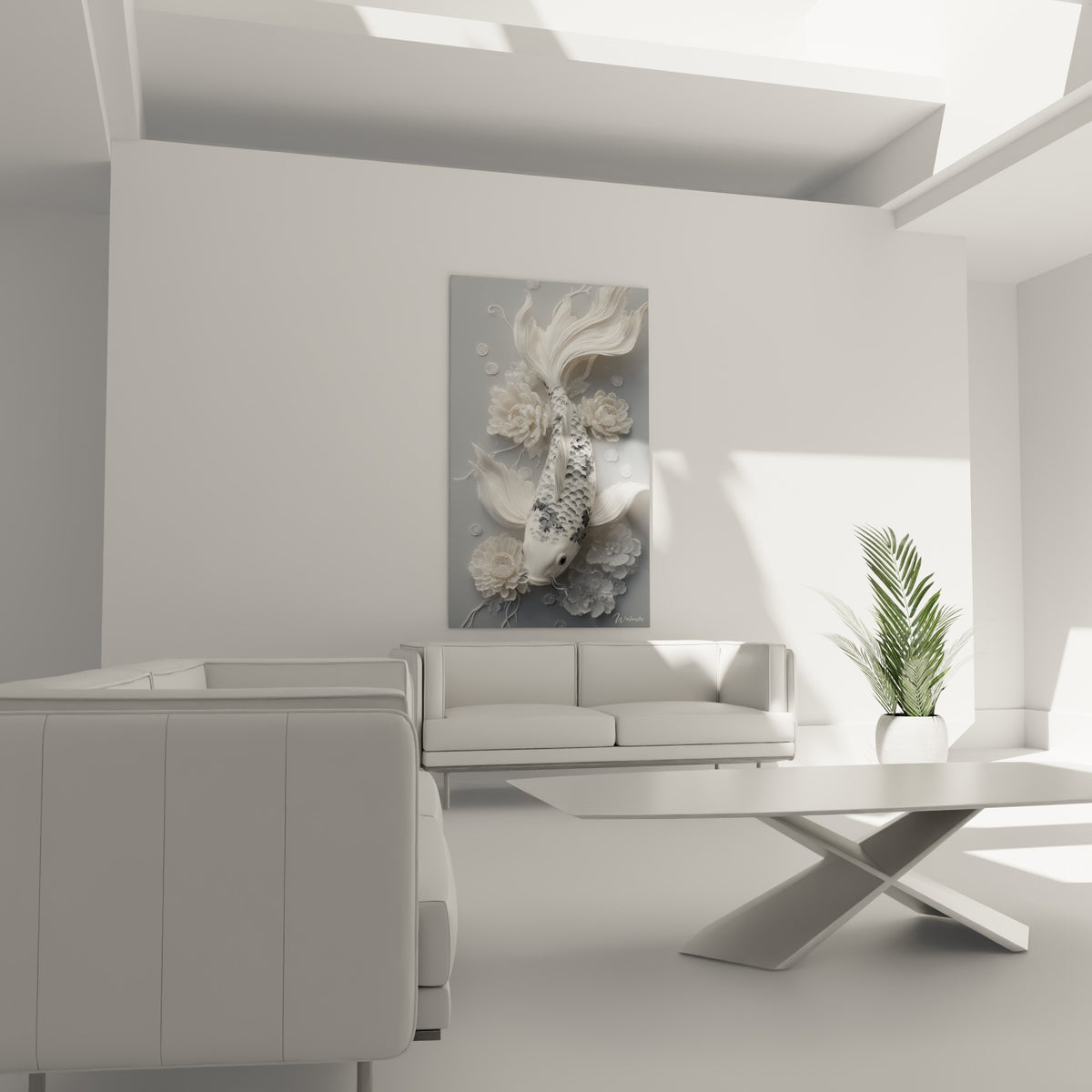 Koï blanche aux motifs anthracite sculptés, suspendue au-dessus d'un canapé dans un salon lumineux