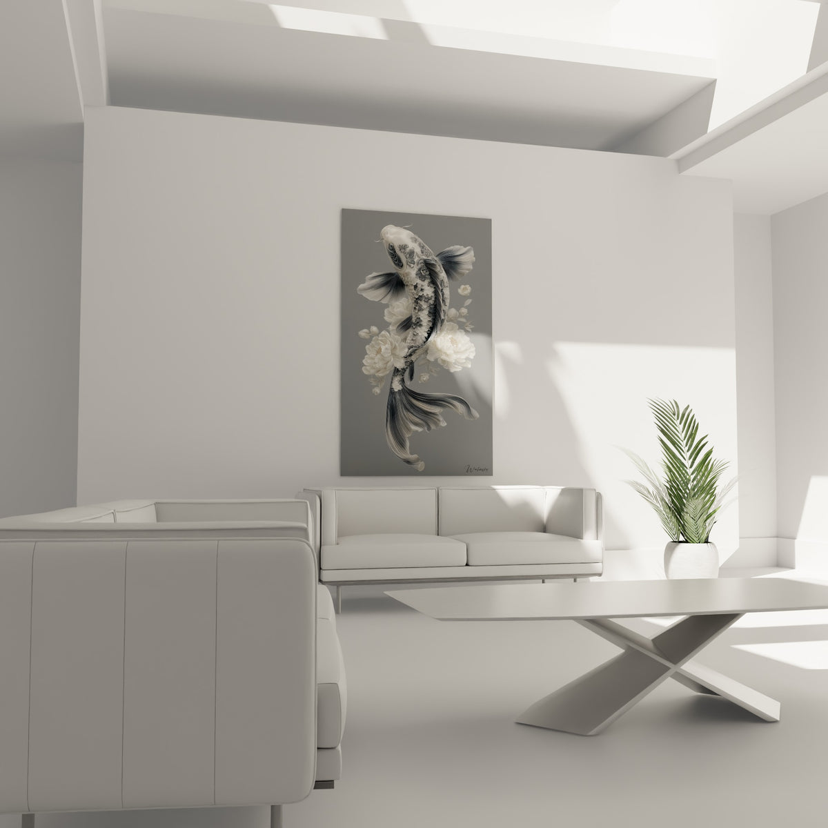 Nage ascendante du koi gris perle et pivoines blanches au-dessus d'un canapé dans un salon lumineux
