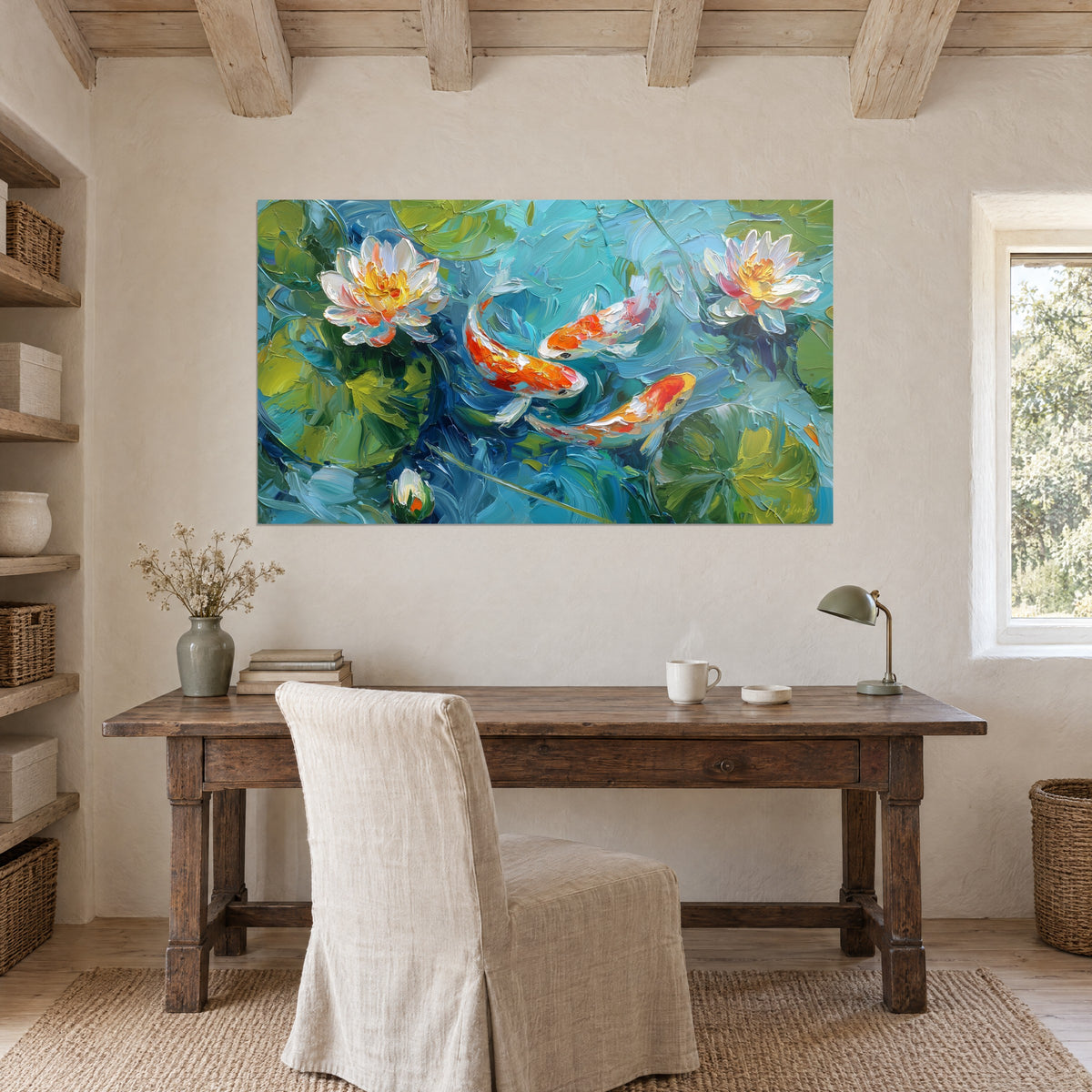 Quadro Ninfee rosate e carpe giapponesi, spesse pennellate blu anatra e verde anice, sopra una scrivania in legno grezzo