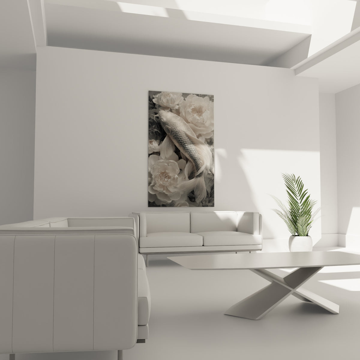 Koï blanc ondulant entre fleurs de pivoine, placé au-dessus d'un canapé dans un salon lumineux