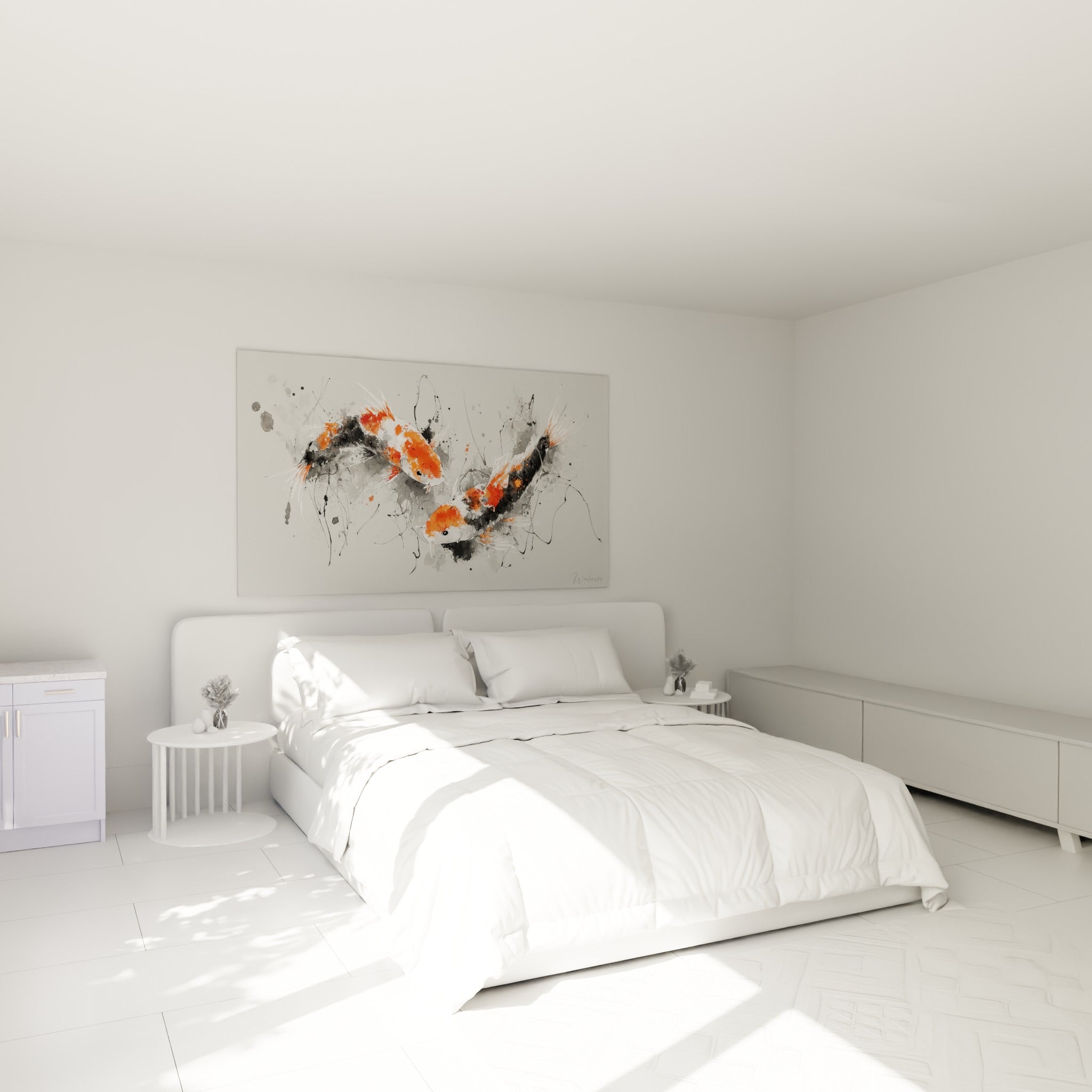 Koi anthracite et orange vif accrochées au-dessus d'un lit dans une chambre claire