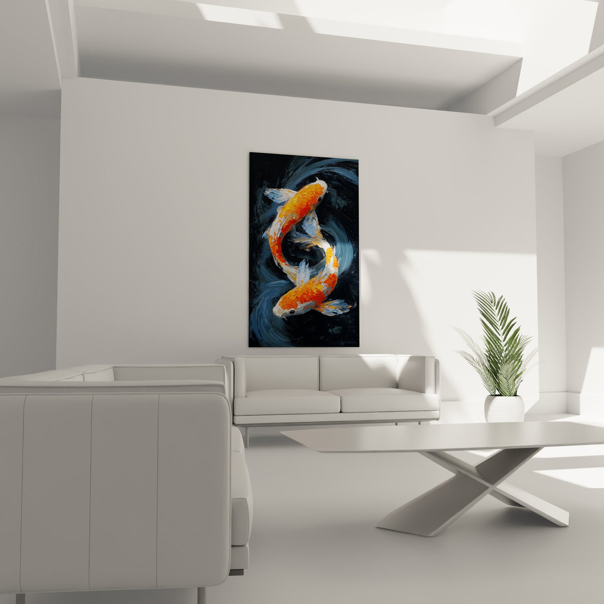 Poissons koï blancs et orange nageant dans des remous bleutés, au-dessus d'un canapé dans un salon lumineux