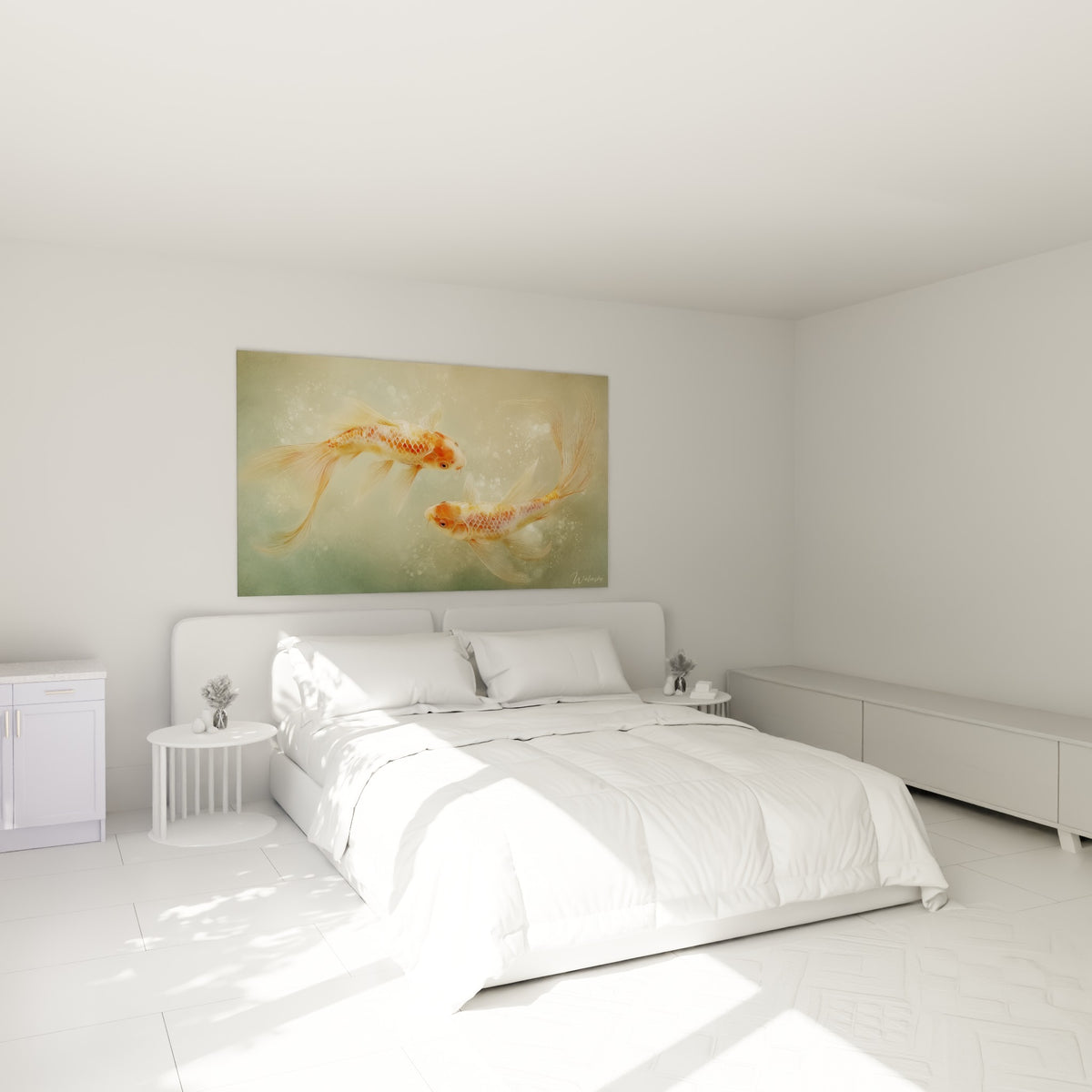 Poissons Koi orangés en mouvement délicat au-dessus d'un lit dans une chambre claire