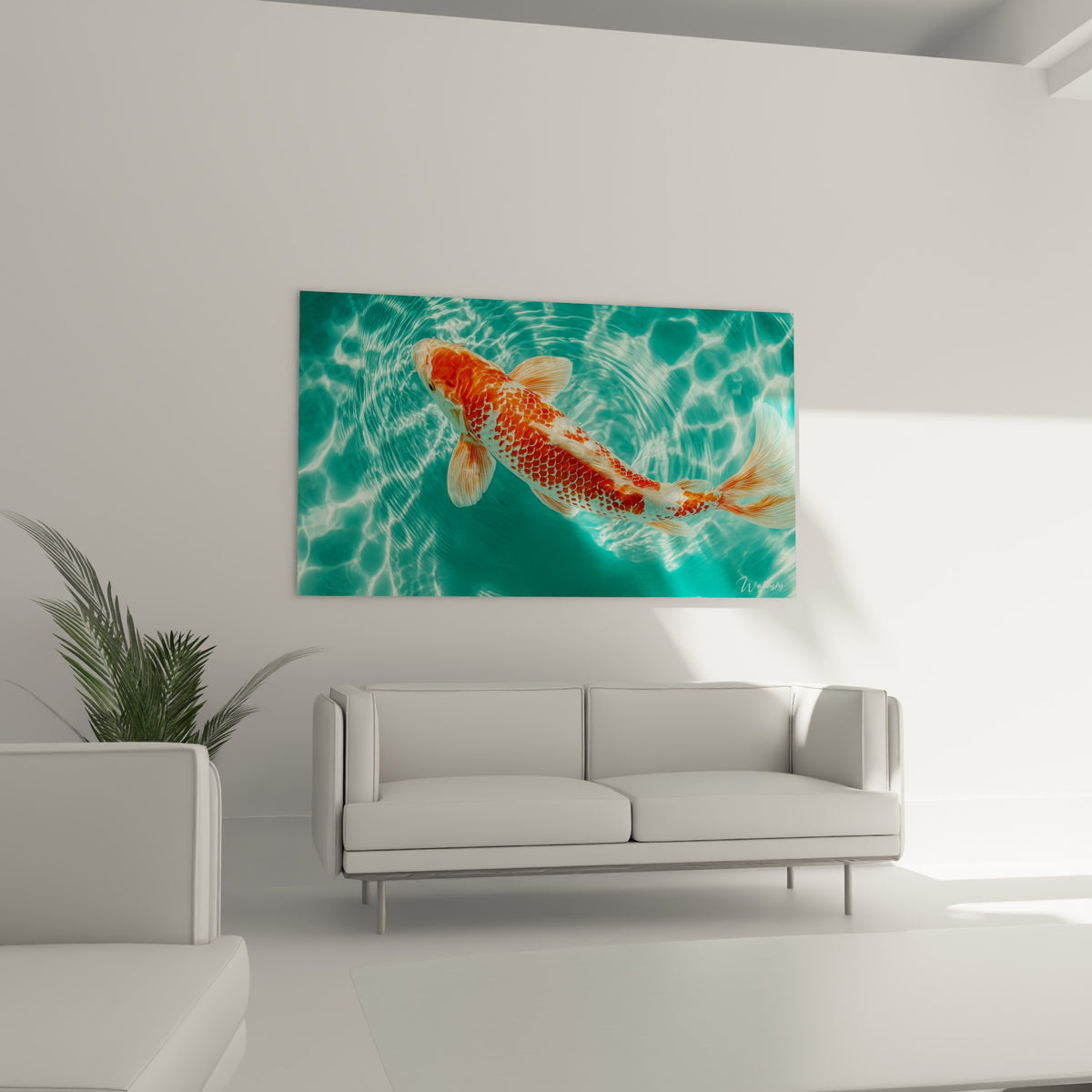 Nageoires translucides du koi blanc et orange ondulant en surface, au-dessus d'un canapé dans un salon lumineux