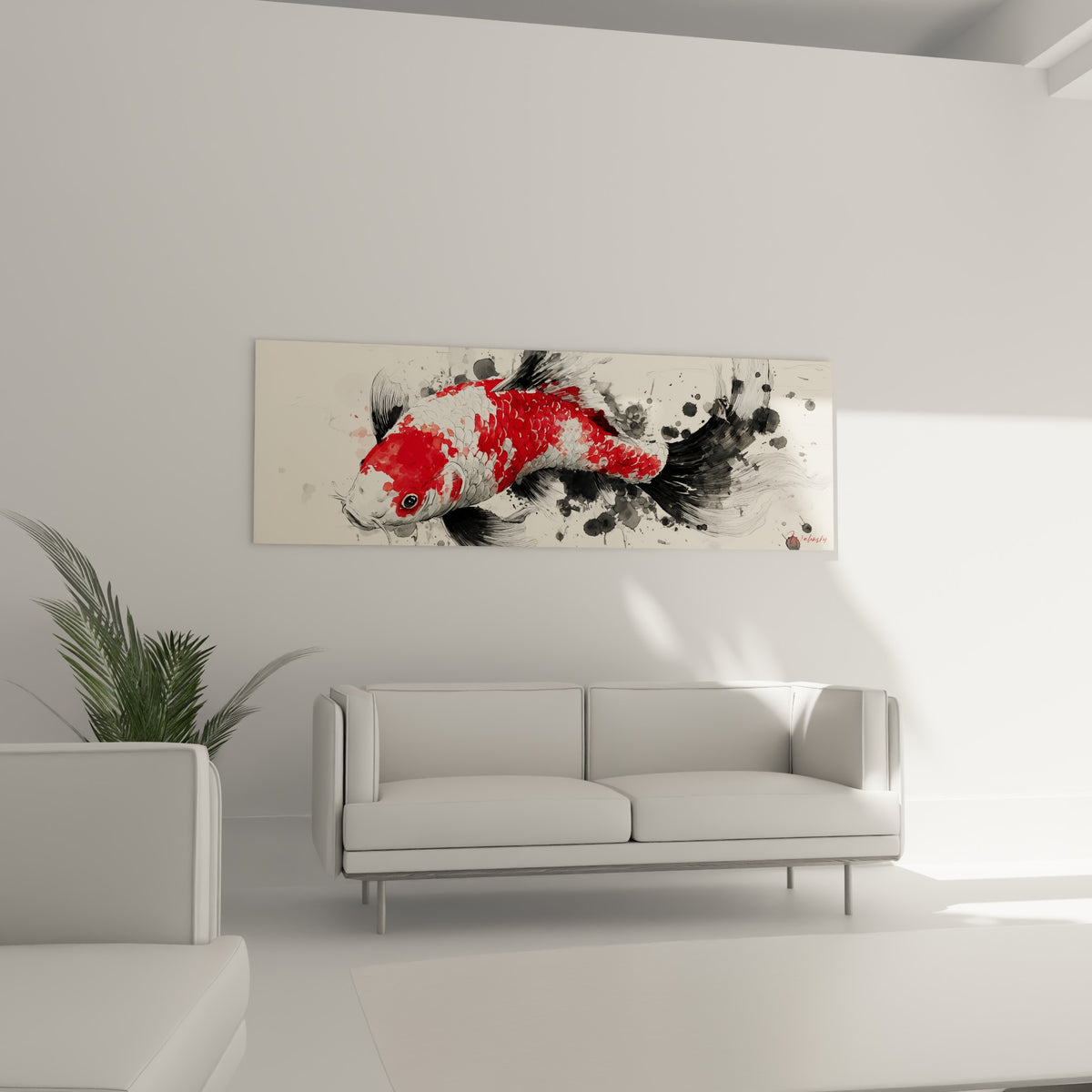 Nageoires du Koi noir et blanc déployées en traits fins, au-dessus d'un canapé dans un salon lumineux