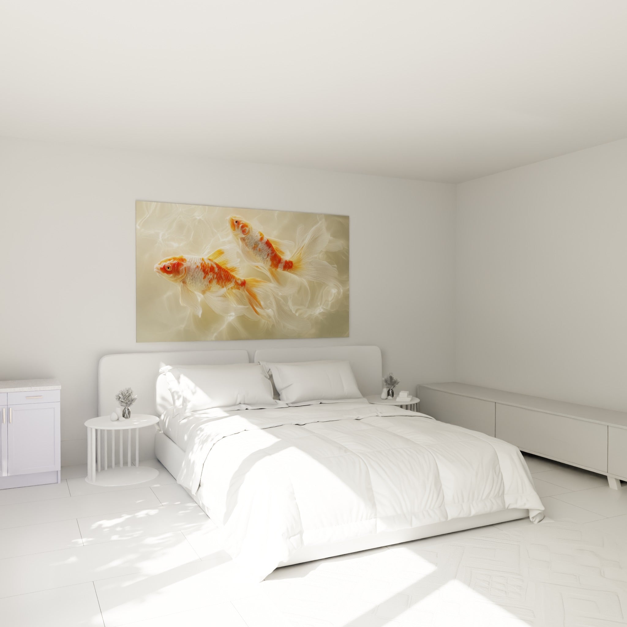 Carpes koï orange et beige aux nageoires voilées accrochées au-dessus d'un lit dans une chambre claire