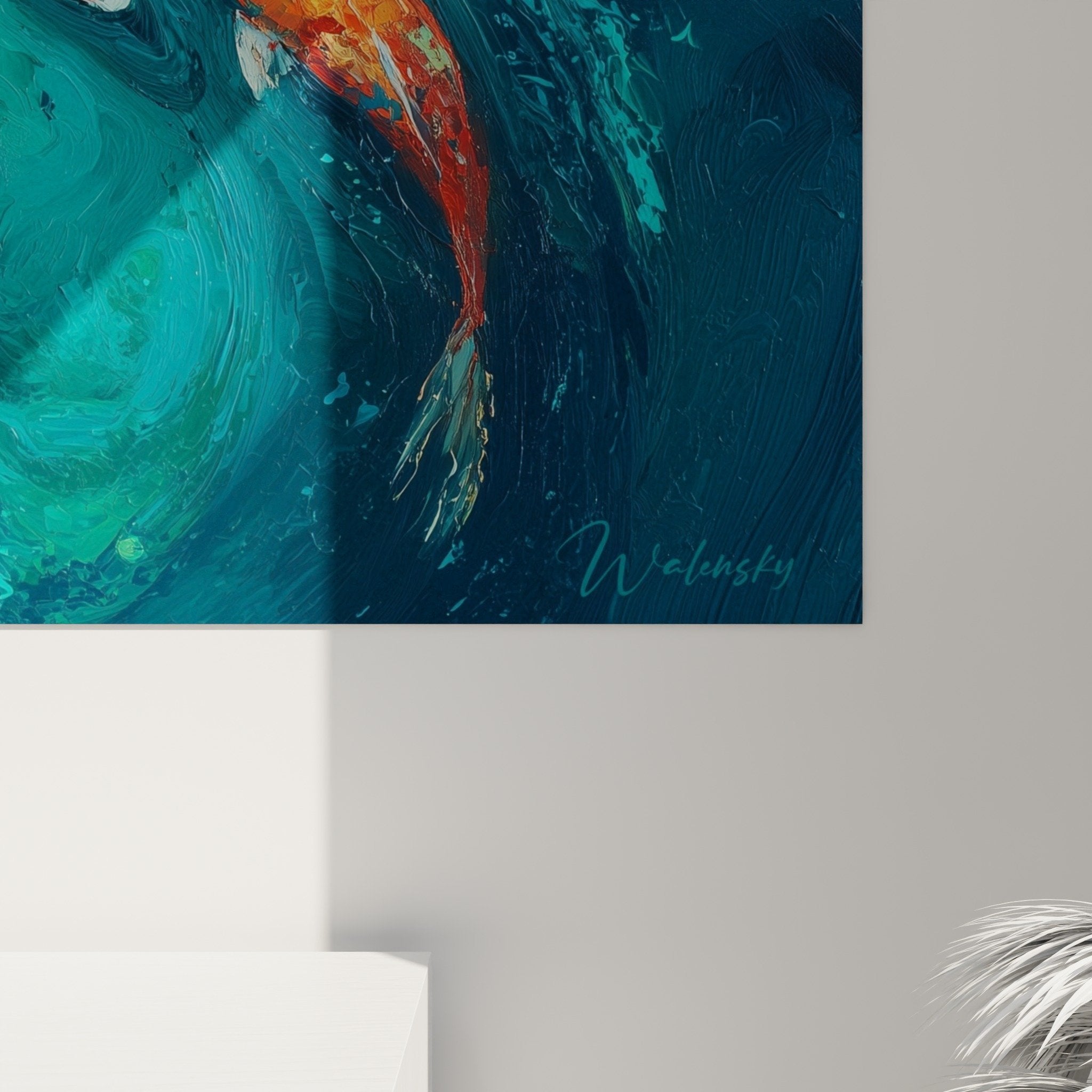 Vue ensemble tableau carpes koi nenuphars dans interieur moderne mur blanc decoration aquatique zen