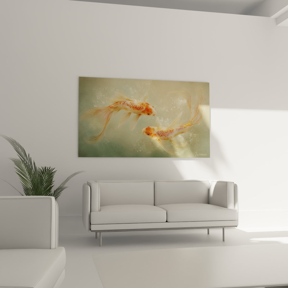 Silhouettes Koi ocre et blanches se croisant au-dessus d'un canapé dans un salon lumineux