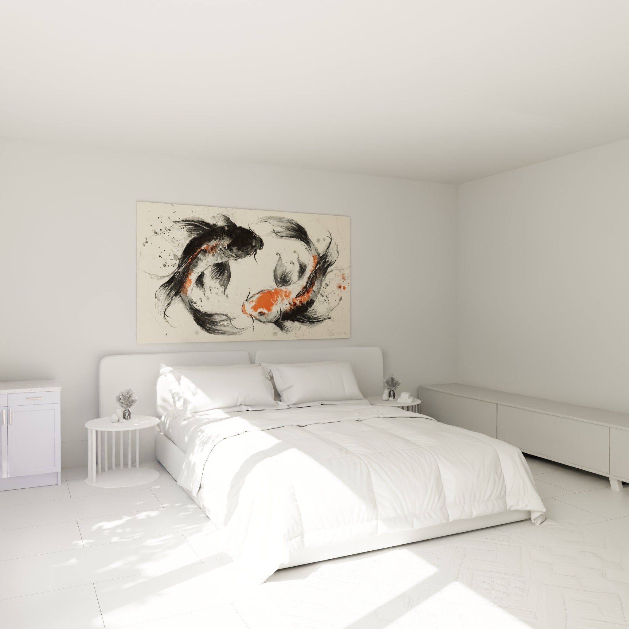 Poissons koï anthracite et orangés en mouvement circulaire au-dessus d'un lit dans une chambre claire