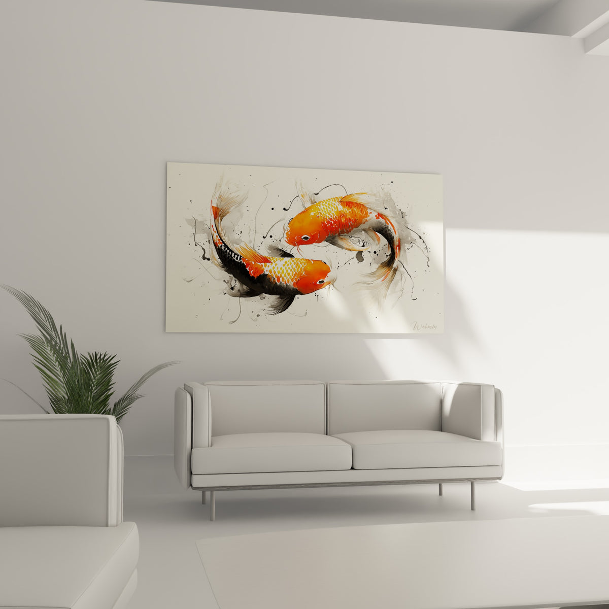 Poissons koï noir et orange en mouvement circulaire, au-dessus d'un canapé dans un salon lumineux