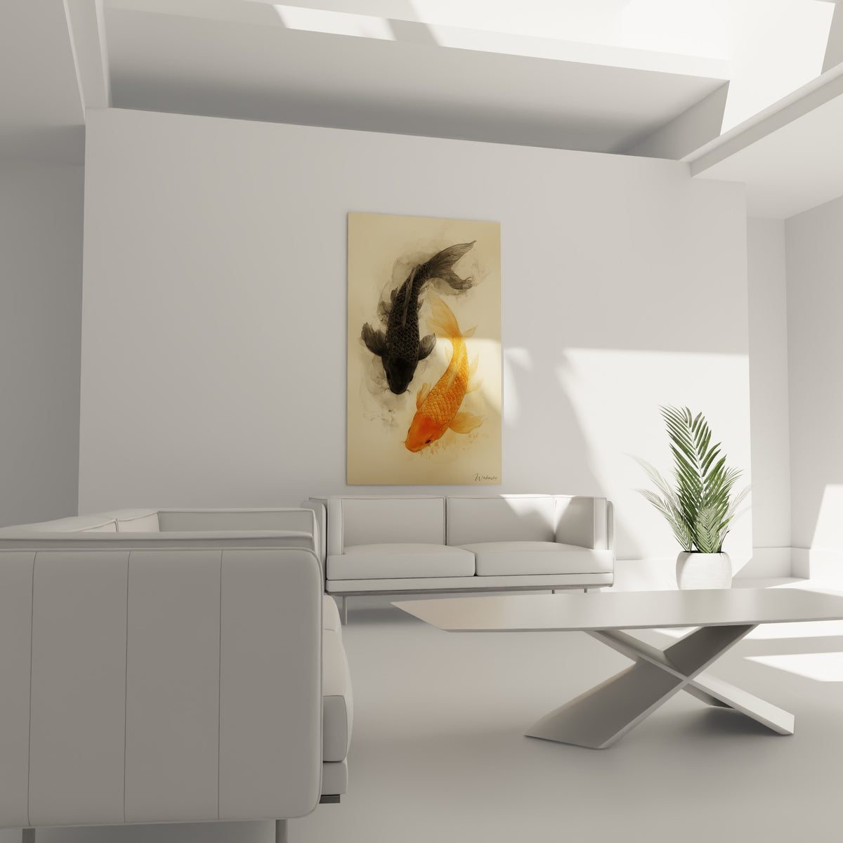 Carpes japonaises orange et noire en spirale douce, disposées au-dessus d'un canapé dans un salon lumineux
