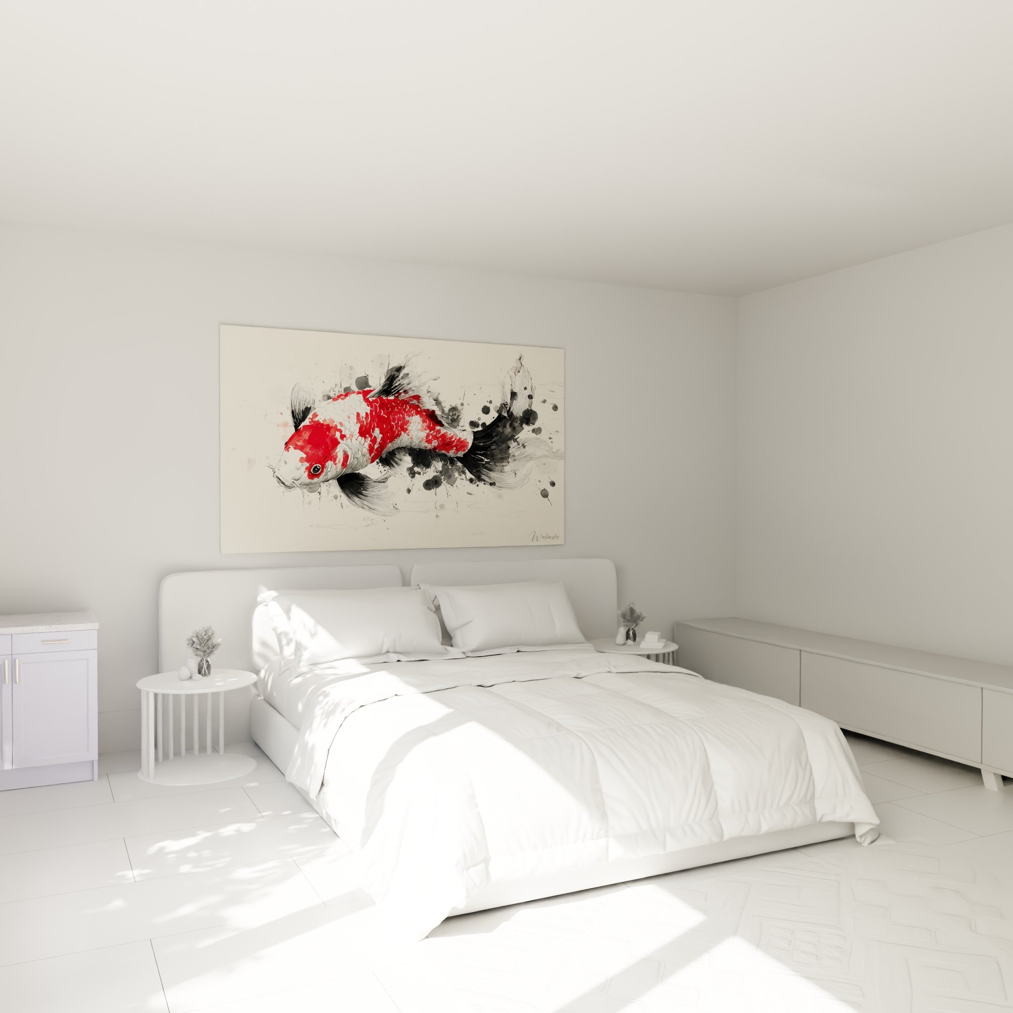 Poisson koi rouge aux nageoires noires fluides accroché au-dessus d'un lit dans une chambre claire