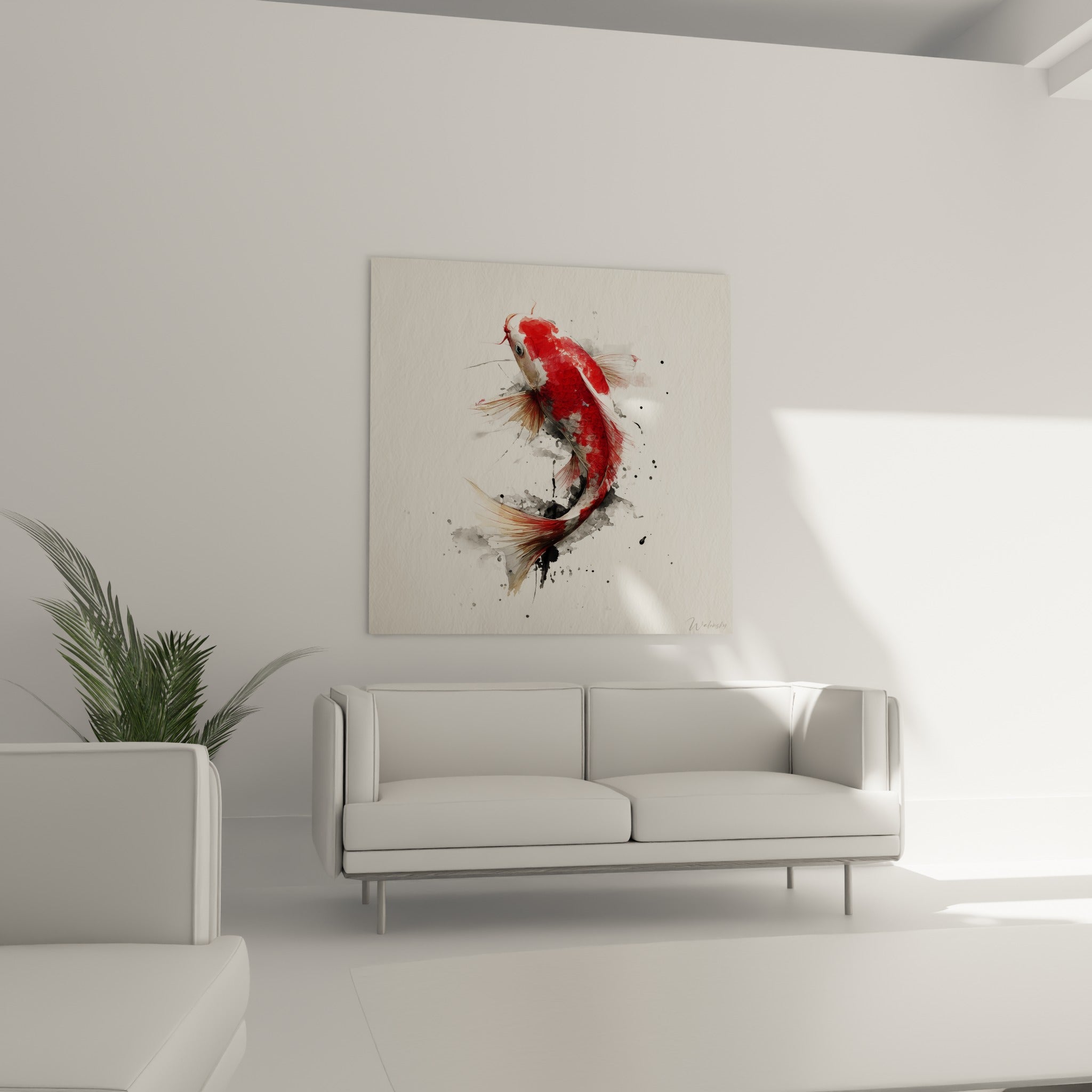 Silhouette de carpe Koi blanche et rouge en mouvement, au-dessus d'un canapé dans un salon lumineux