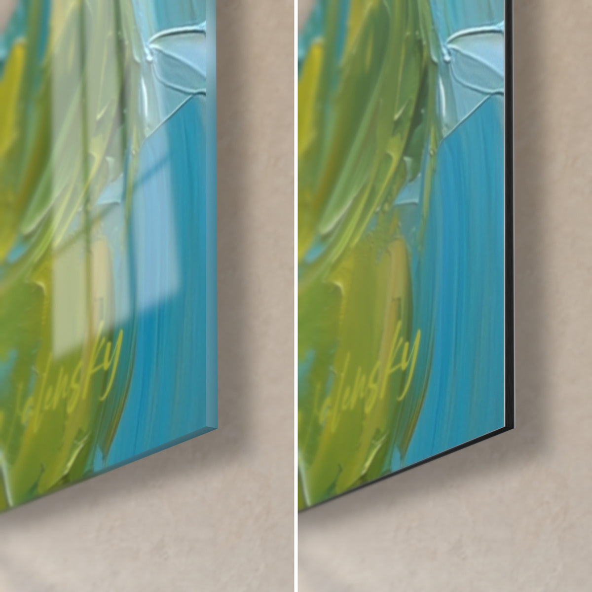 Quadro Tre carpe dorate su acqua turchese, angolo in basso a destra: vetro lucido a sinistra, alluminio Dibond opaco a destra, bordo da 3 mm