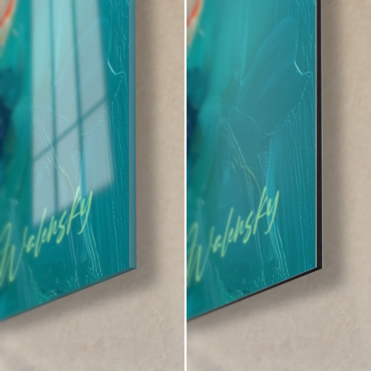 Wall art orange and white koi, bottom right corner: glossy glass with reflections, matte black Dibond aluminium, turquoise Walensky signature