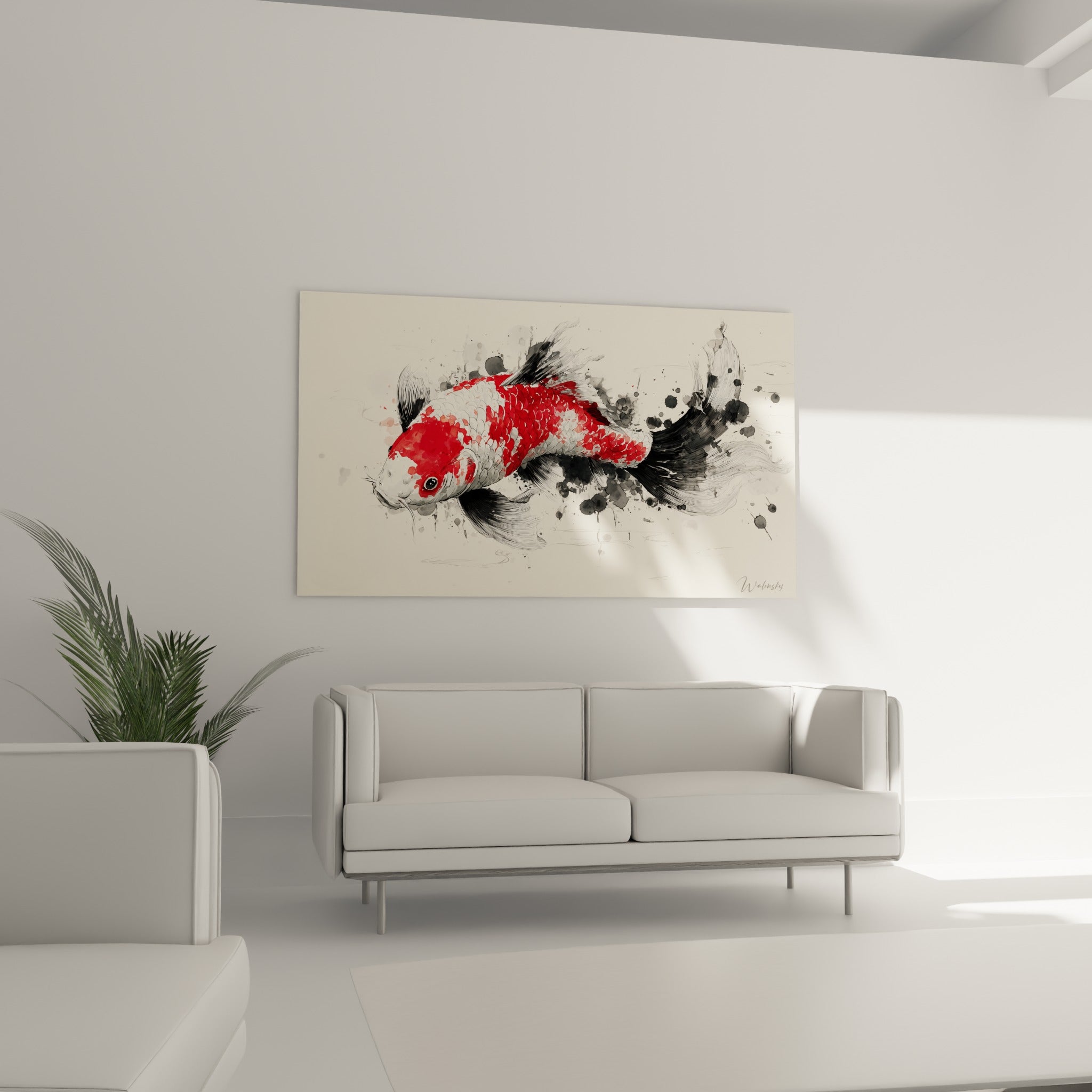 Koi rouge vermillon et écailles blanches accroché au-dessus d'un canapé dans un salon lumineux