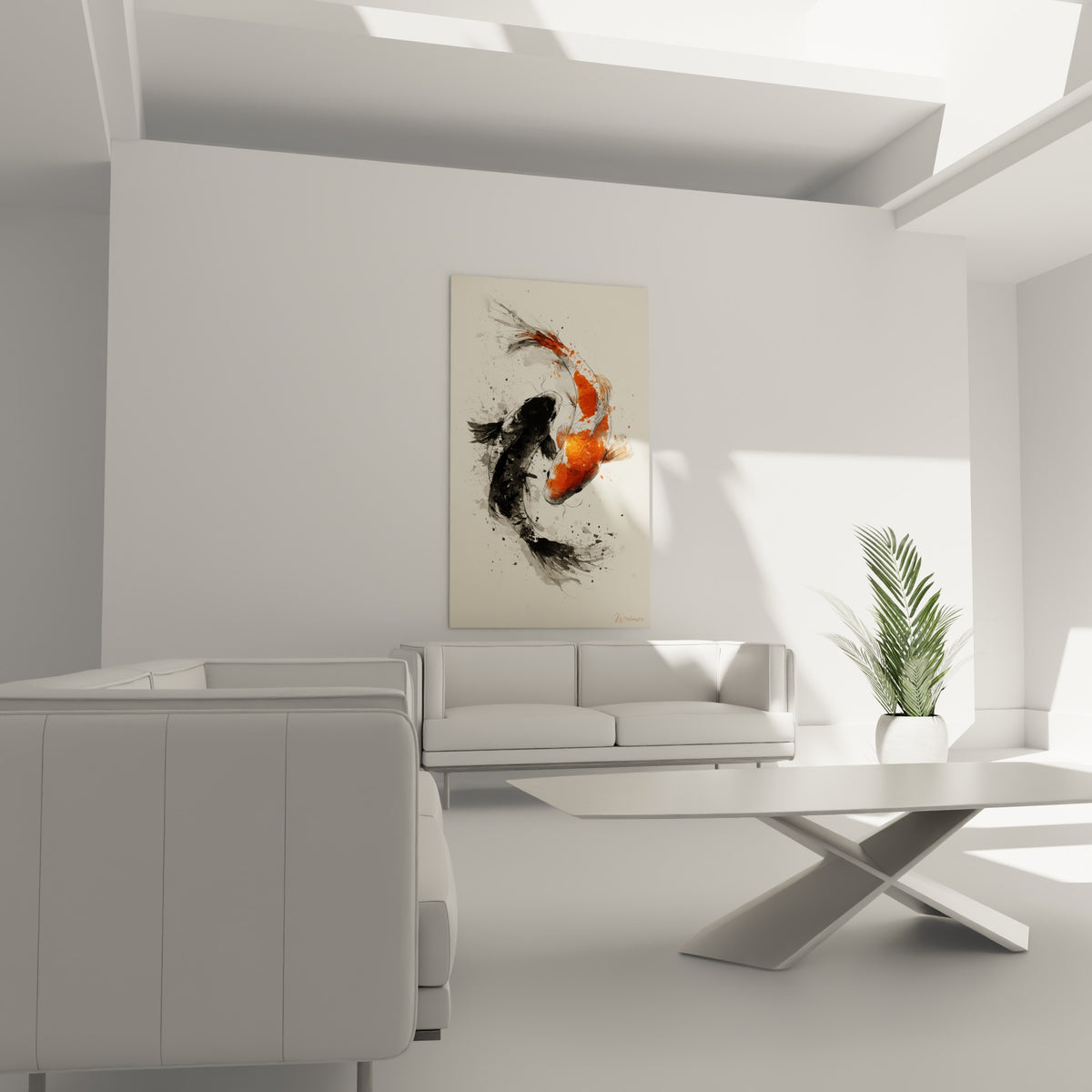 Poissons Koi orange vif et noir profond en mouvement circulaire, au-dessus d'un canapé dans un salon lumineux