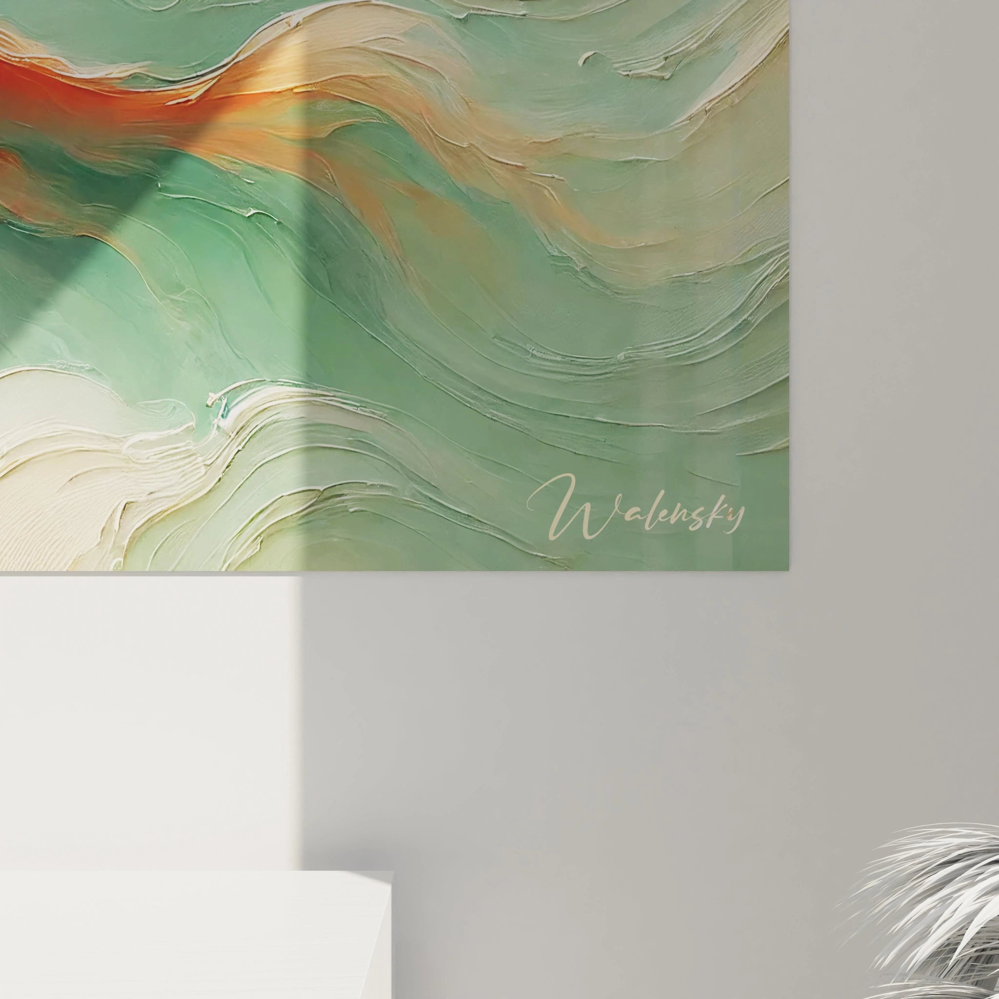 Vue rapprochee du tableau japonais montrant les carpes koi et les details texturés. Une oeuvre unique qui associe harmonie des couleurs et mouvement, inspiree par l esprit zen du Japon.