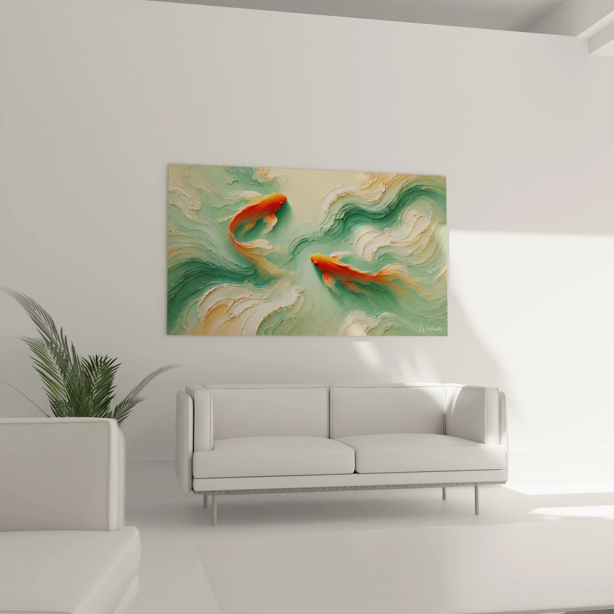 Tableau japonais au-dessus du canapé, parfait pour un salon zen. Les carpes koi apportent grace et fluidite, avec des teintes douces qui enveloppent l espace d une ambiance calme et meditative.