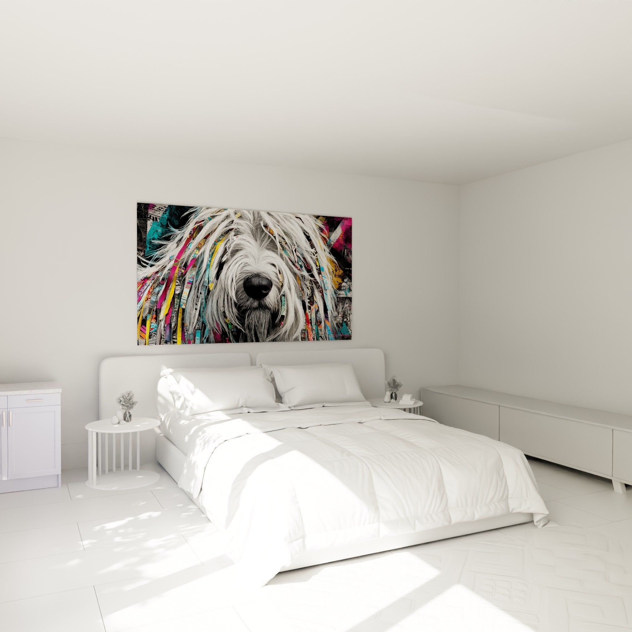 Quadro cane Komondor street art appeso alla parete di una camera moderna dai toni neutri