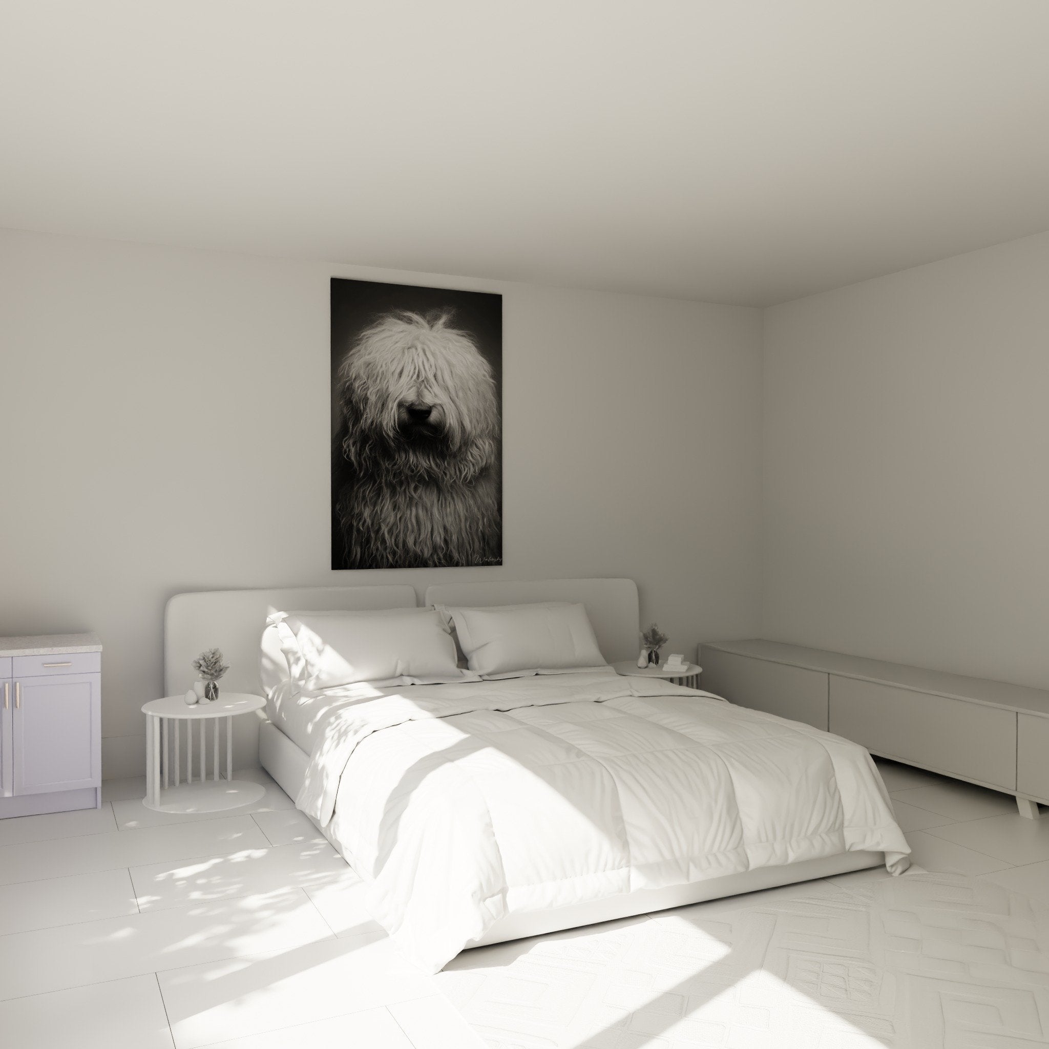 Tableau Komondor noir et blanc dans chambre moderne, decoration murale portrait chien hongrois artistique