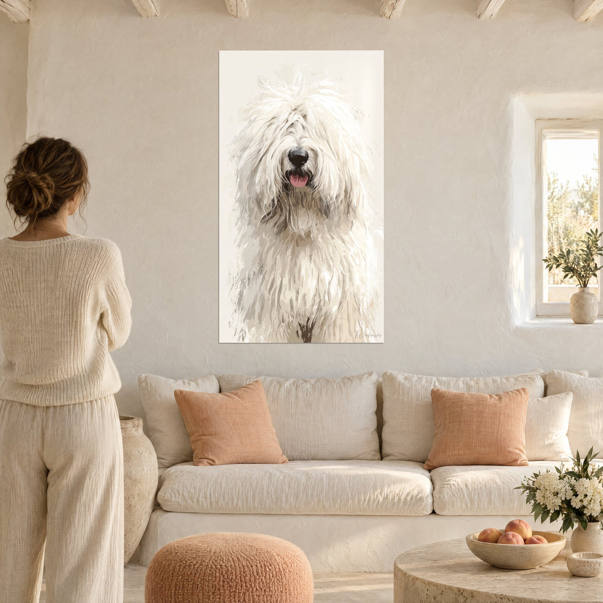 Cuadro Komondor de largos mechones crema y beige, hocico negro, lengua rosa, encima de un sofá en un salón luminoso