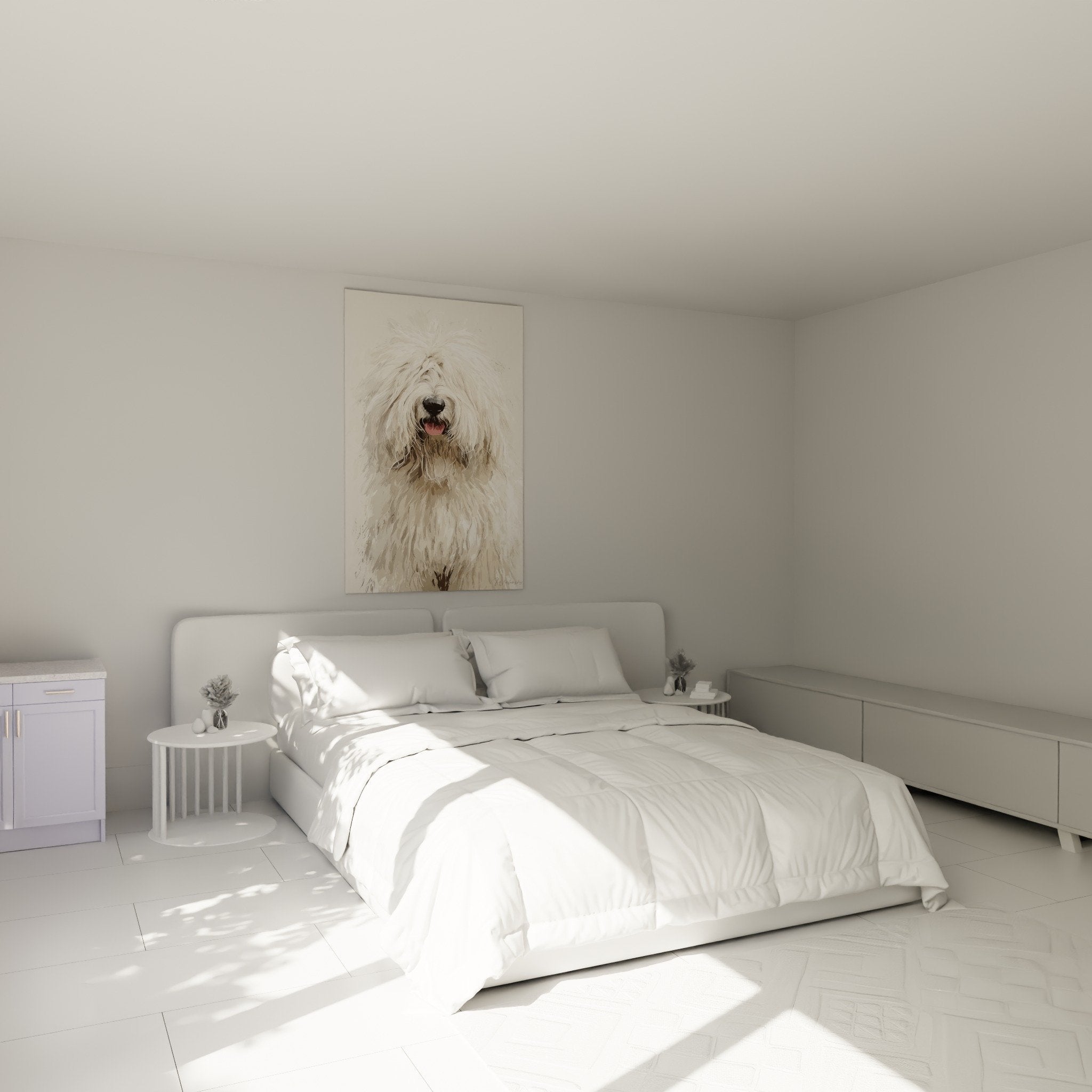 Quadro Komondor tonalità beige in camera moderna, atmosfera morbida e rilassante, decorazione murale elegante