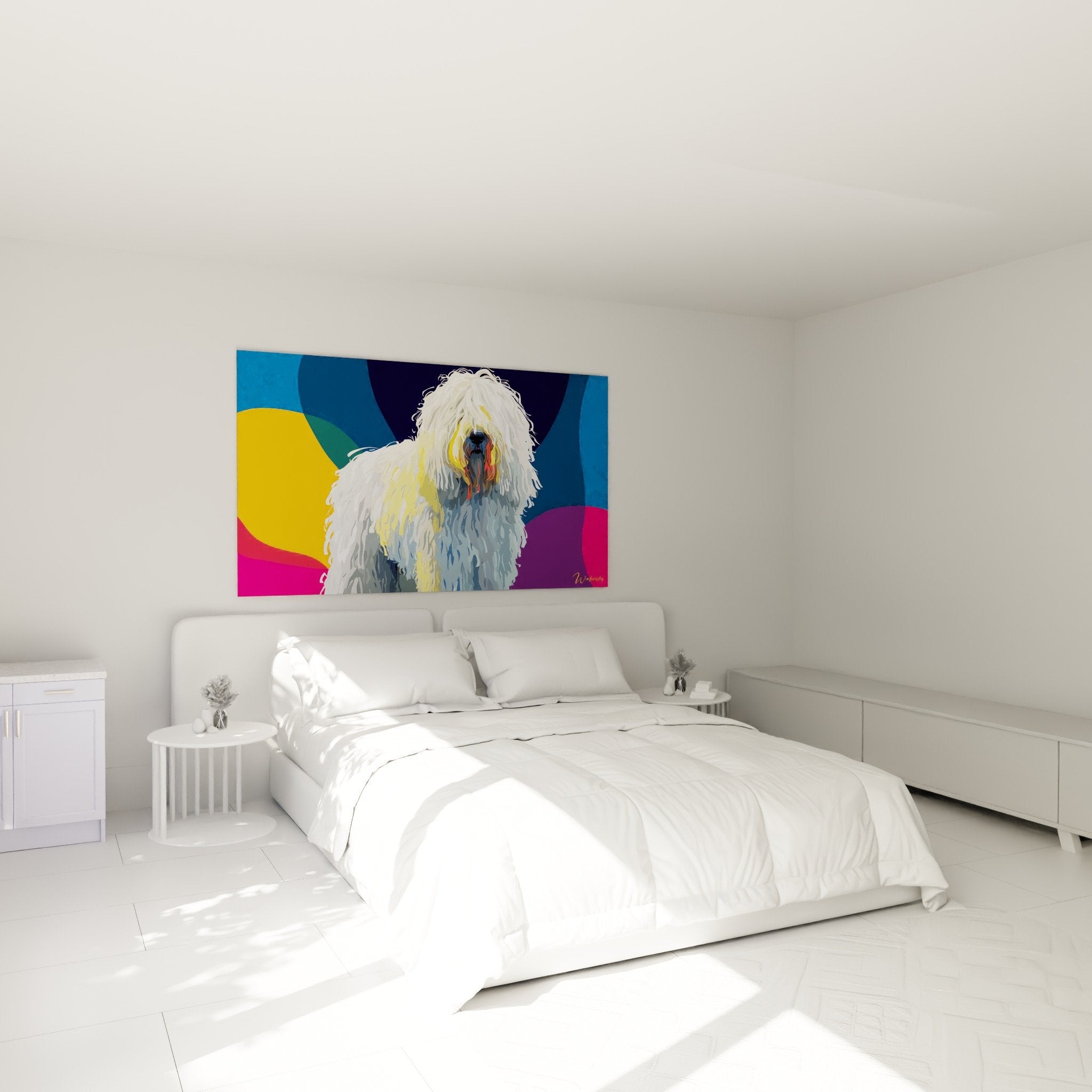 Zeitgenössliches Komondor-Wandbild in modernem Schlafzimmer mit weißen Wänden und minimalistischer Einrichtung