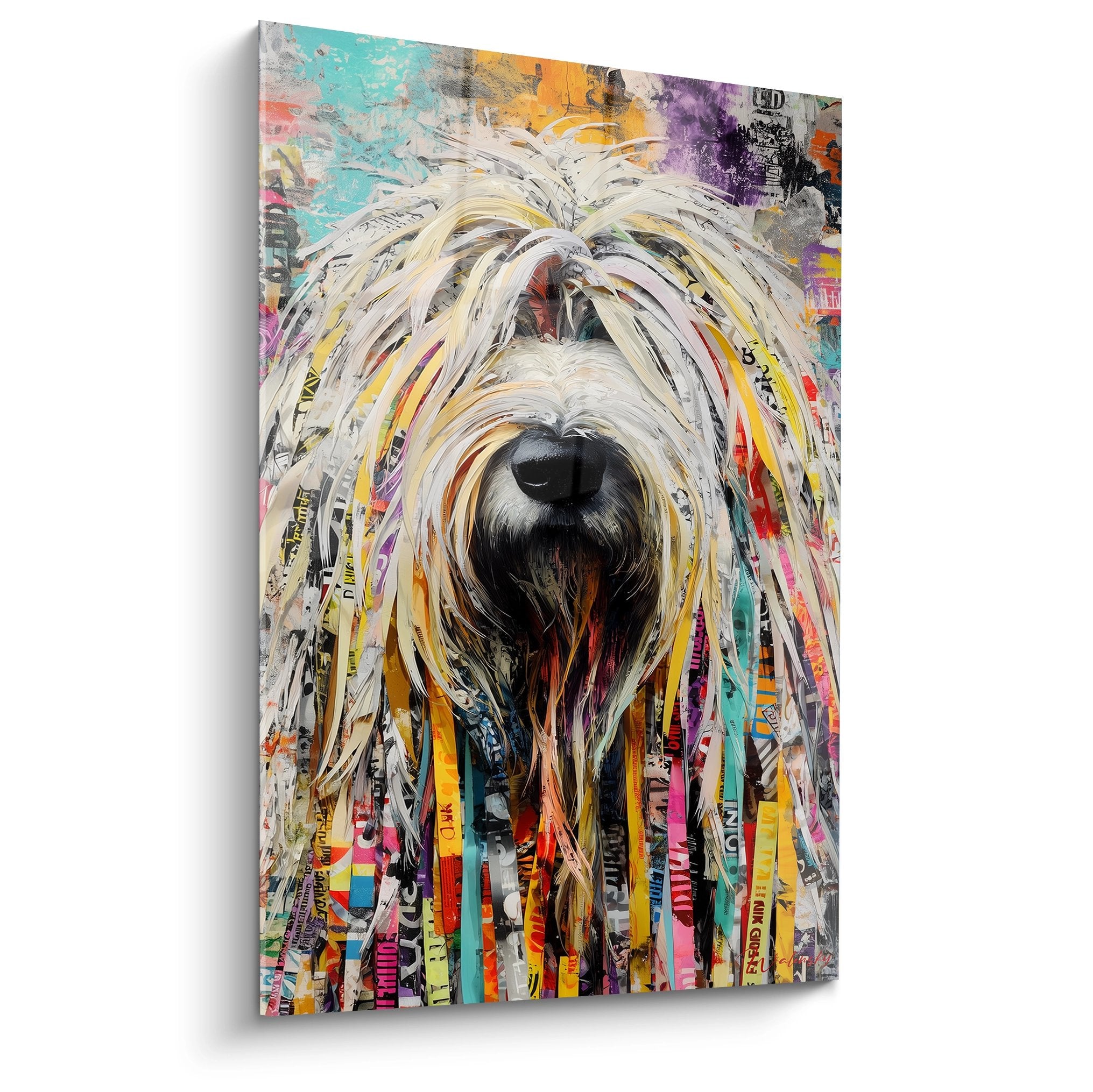 Tableau moderne Komondor poils blancs fond abstrait multicolore turquoise orange violet collage urbain