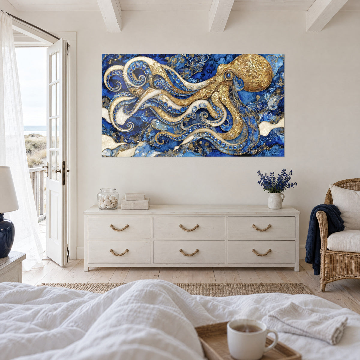 Schilderij gouden cephalopode met blauwe cabochon-zuignappen en ivoorachtige glans, maritiem thema, boven een bed in een heldere slaapkamer