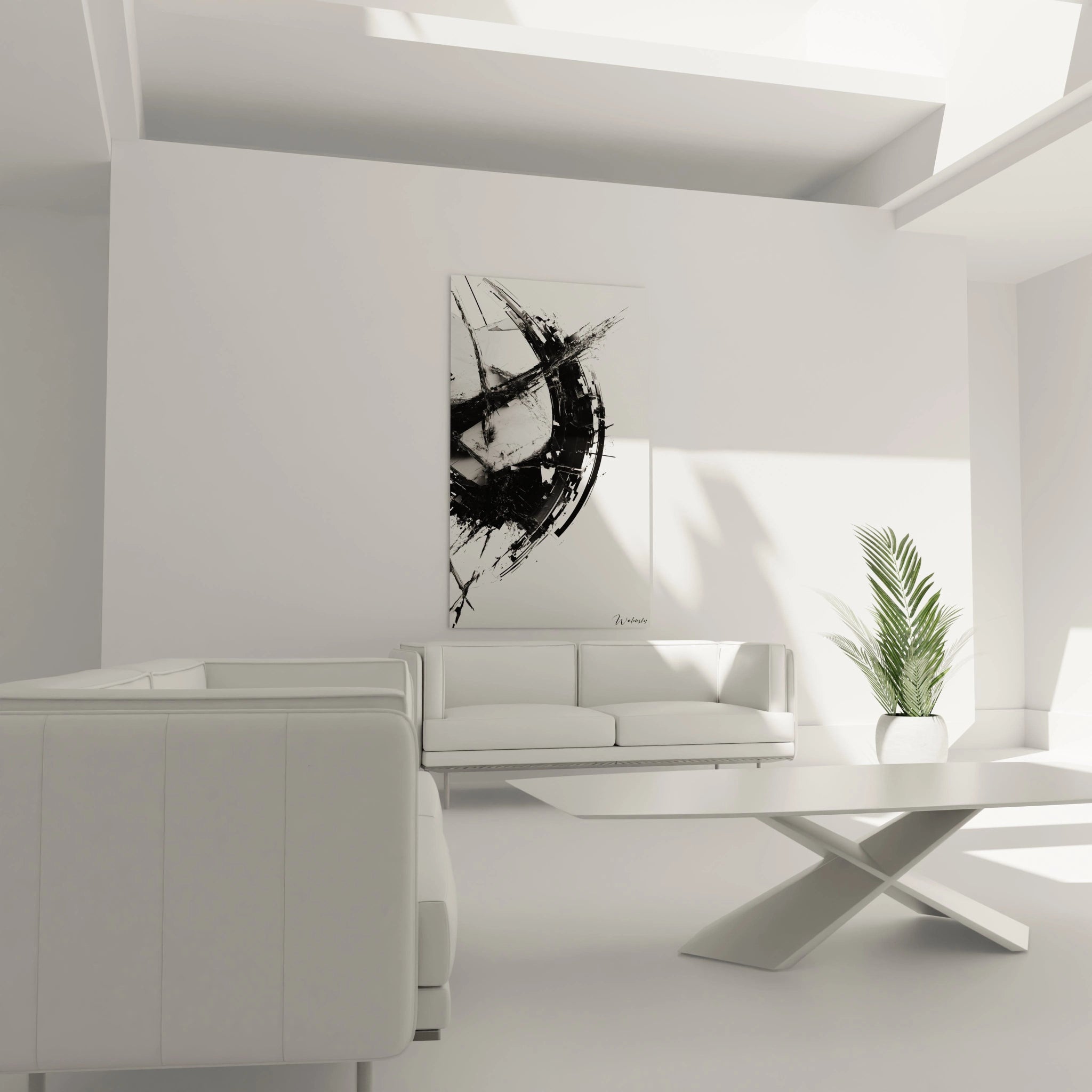 Un tableau artistique abstrait composé de courbes et de lignes noires dynamiques, contrastant avec des espaces blancs uniformes et des textures légèrement granuleuses.