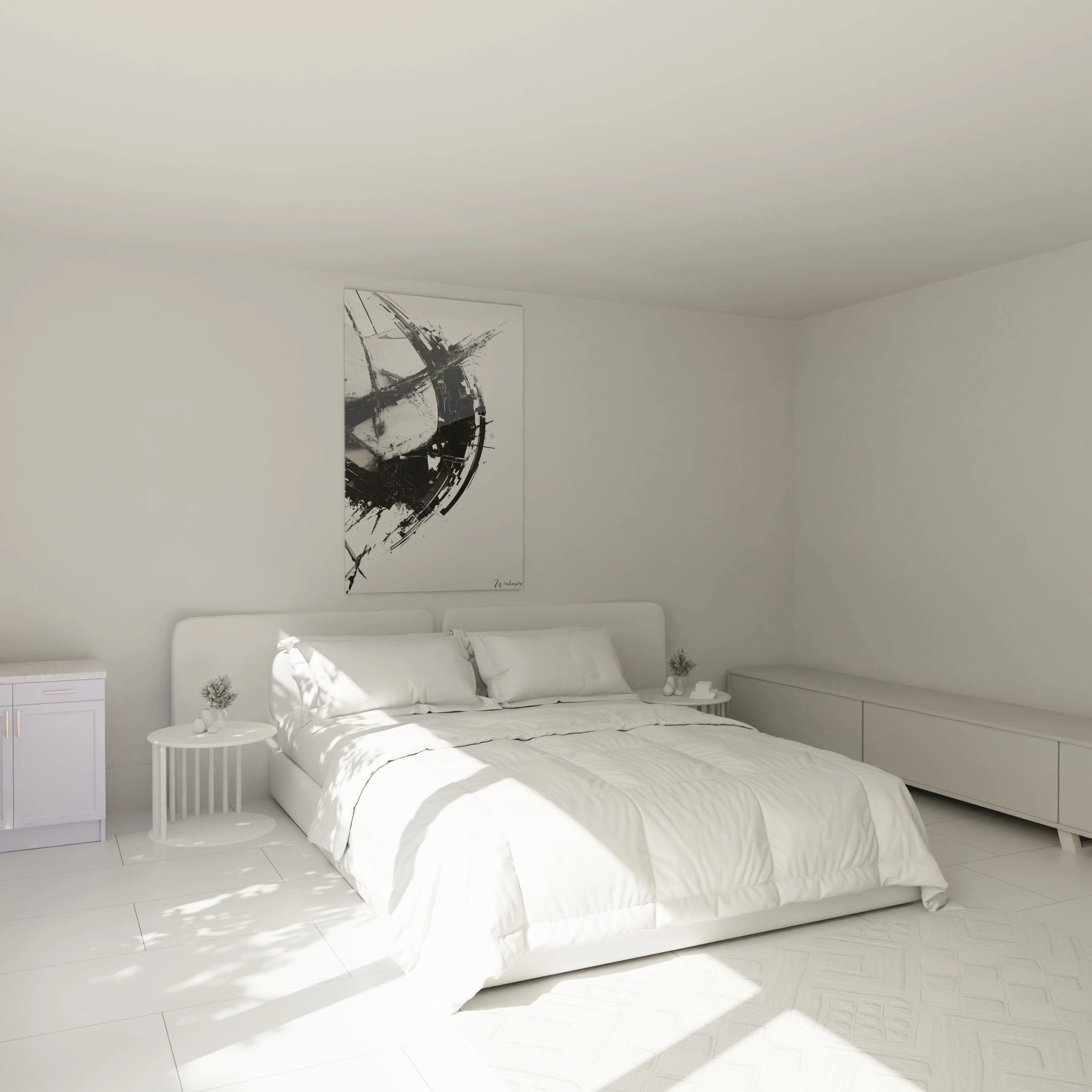 Un tableau artistique abstrait montrant des lignes noires superposées et des fragments déstructurés, avec des nuances de gris et une finition plane.