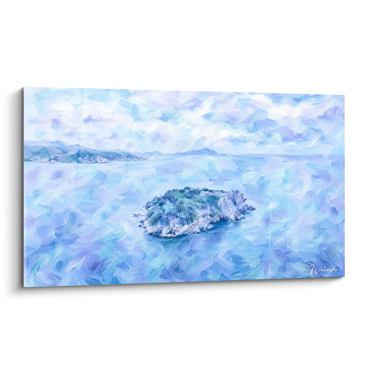 Îlot rocheux vert émergeant d'une mer bleu marine et violette aux touches picturales marquées