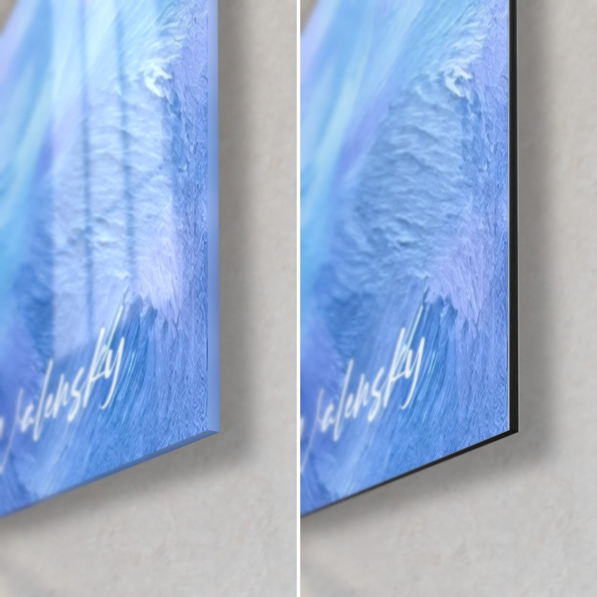 Wall art isolated rock in thick impasto, bottom right corner: glossy acrylic glass in blue and lilac on matte black Dibond, 3 mm edge