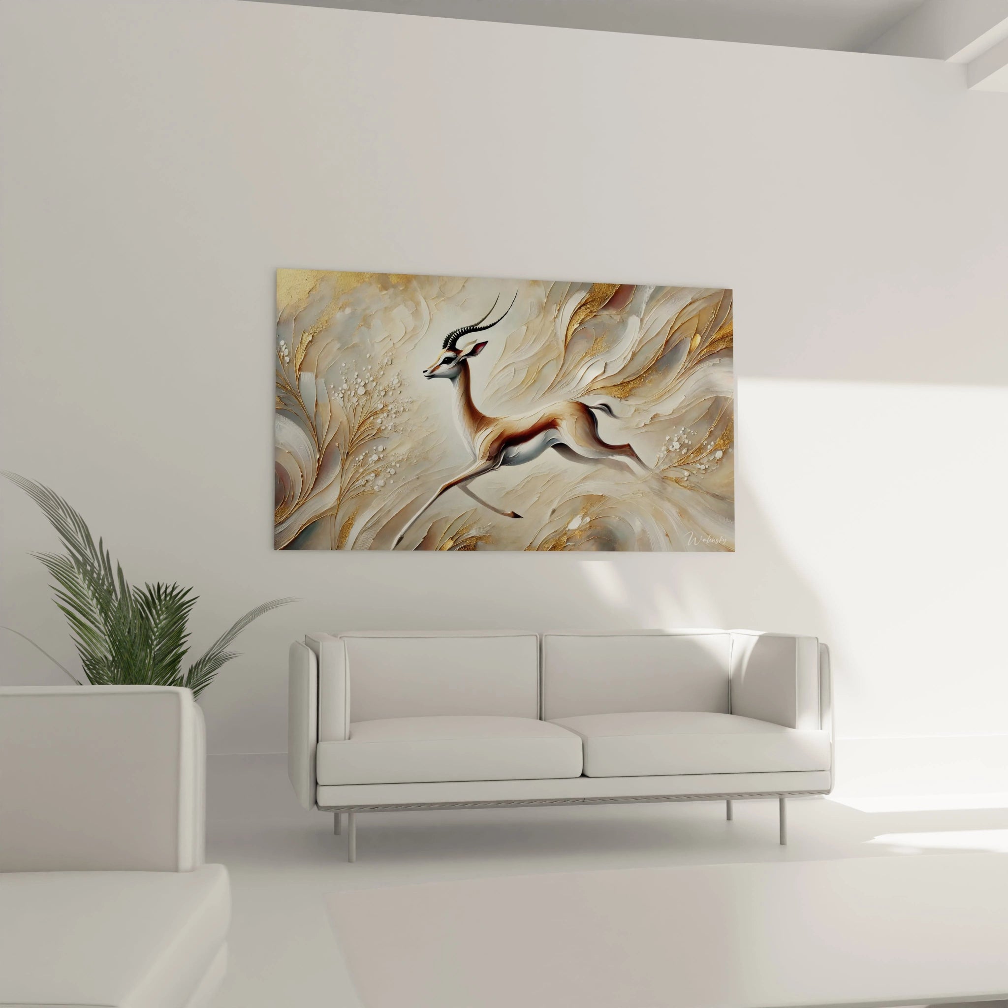 le tableau gazelle au-dessus du canapé illumine ce salon avec ses courbes fluides et ses détails dorés. Une création artistique contemporaine qui transforme l'espace en une danse visuelle apaisante