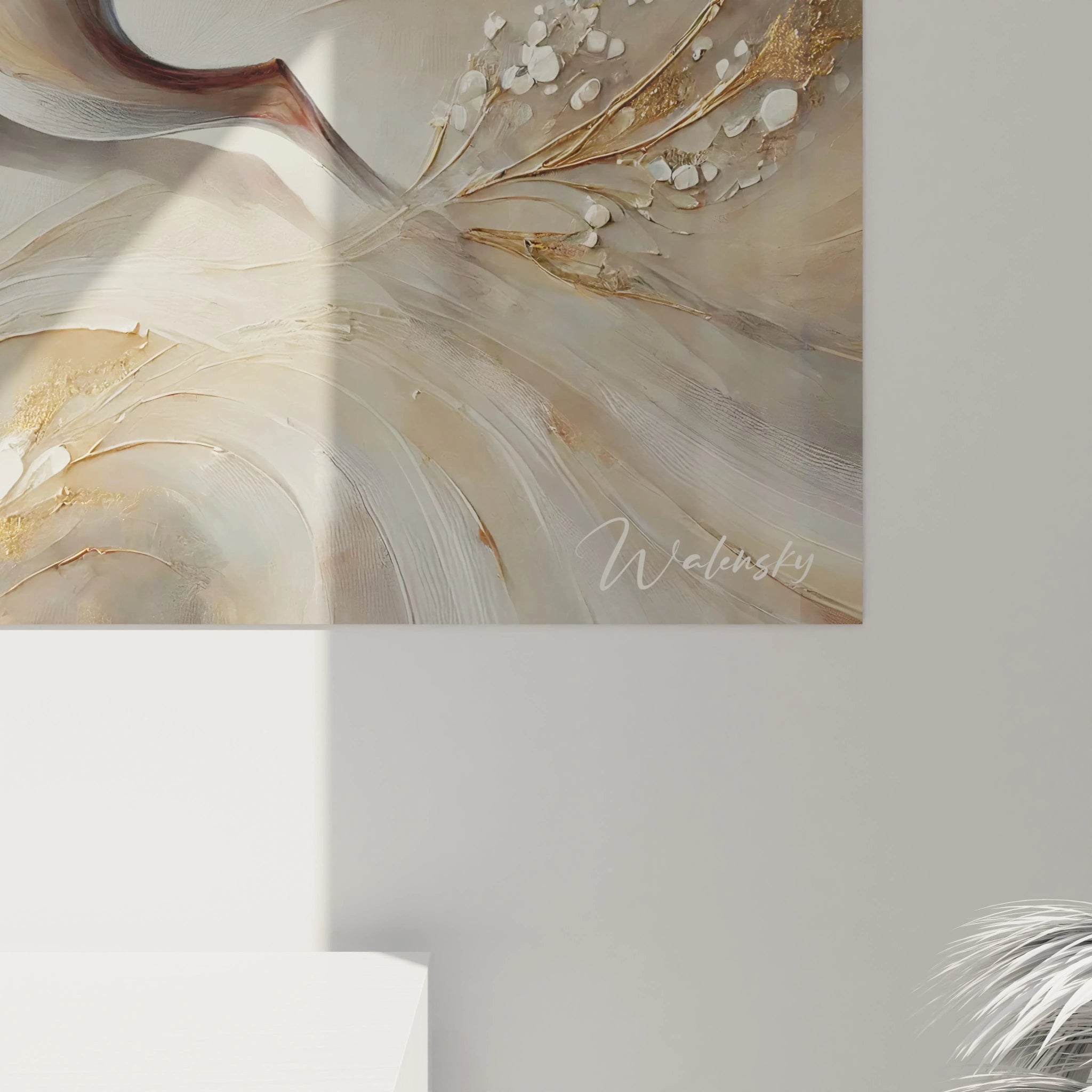 vue de près du tableau gazelle, on admire la finesse des textures et les effets de relief. Chaque détail révèle la beauté du mouvement et la symbiose entre l'animal et son univers abstrait