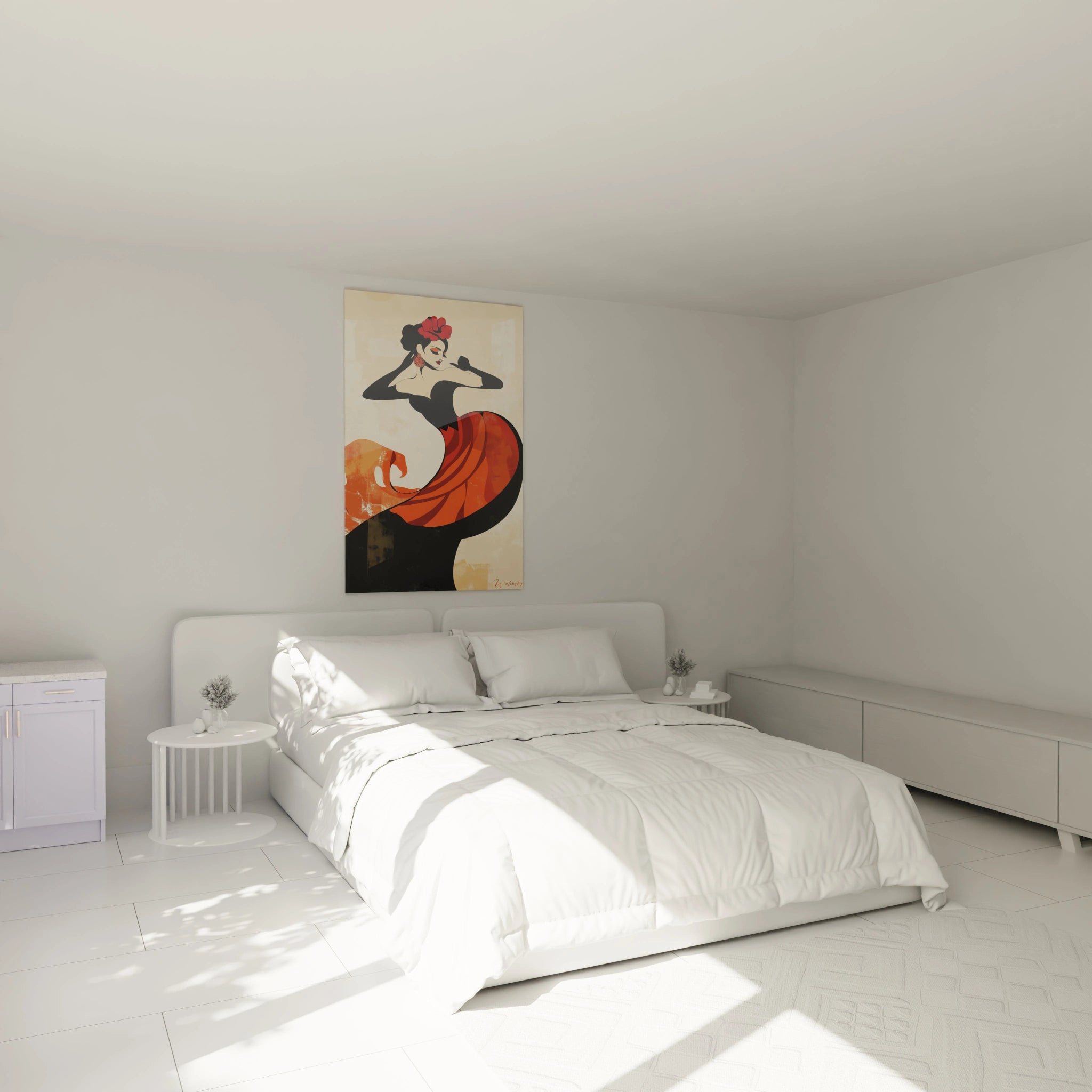 Un tableau danseuse abstrait utilisant des formes fluides, des couleurs rouge, noir et beige, et des lignes nettes.