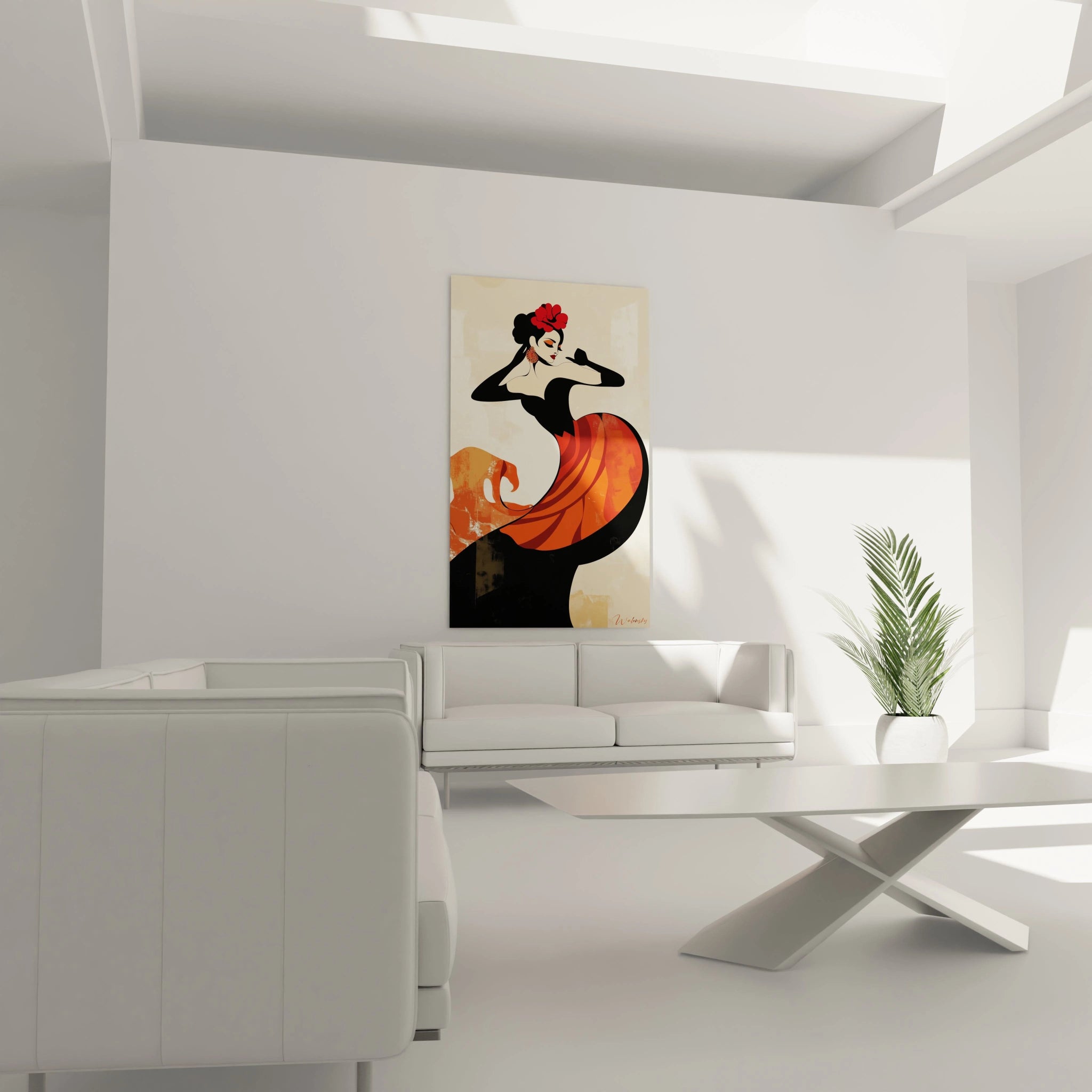 Un tableau danseuse abstrait présentant une figure féminine dansante, avec des aplats de rouge, noir et beige et des contours simples.