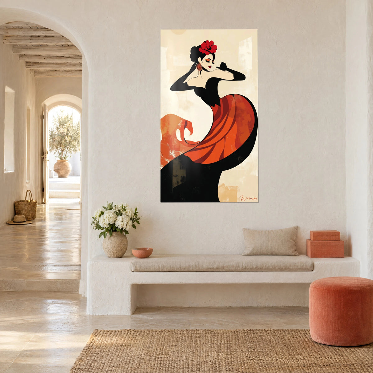 Wall art stylized gypsy woman with black gloves, burnt orange spiral skirt on cream background, in a vaulted Mediterranean hallway