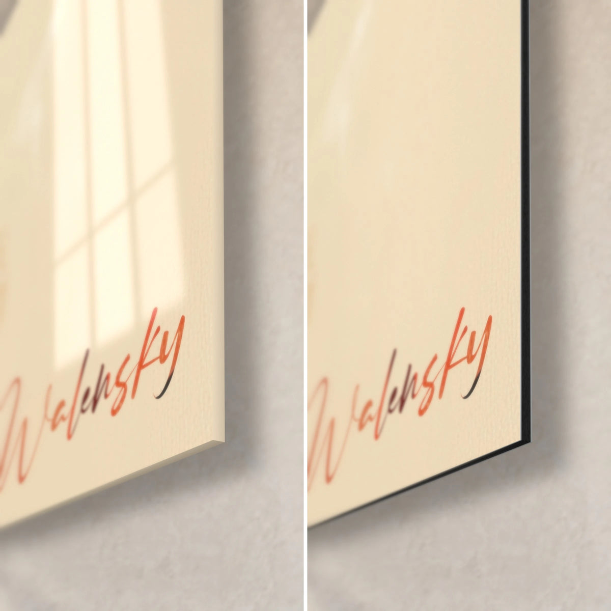 Wall art dancer silhouette, Walensky signature in coral on cream background, glossy acrylic glass and matte black 3 mm Dibond aluminium