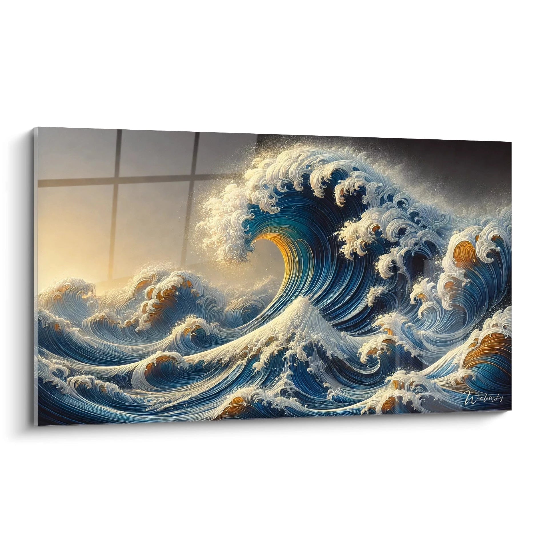 Vue laterale du tableau japonais montrant la vague puissante et les touches dorees lumineuses contrastant avec les nuances de bleu et de blanc pour une touche contemporaine et apaisante