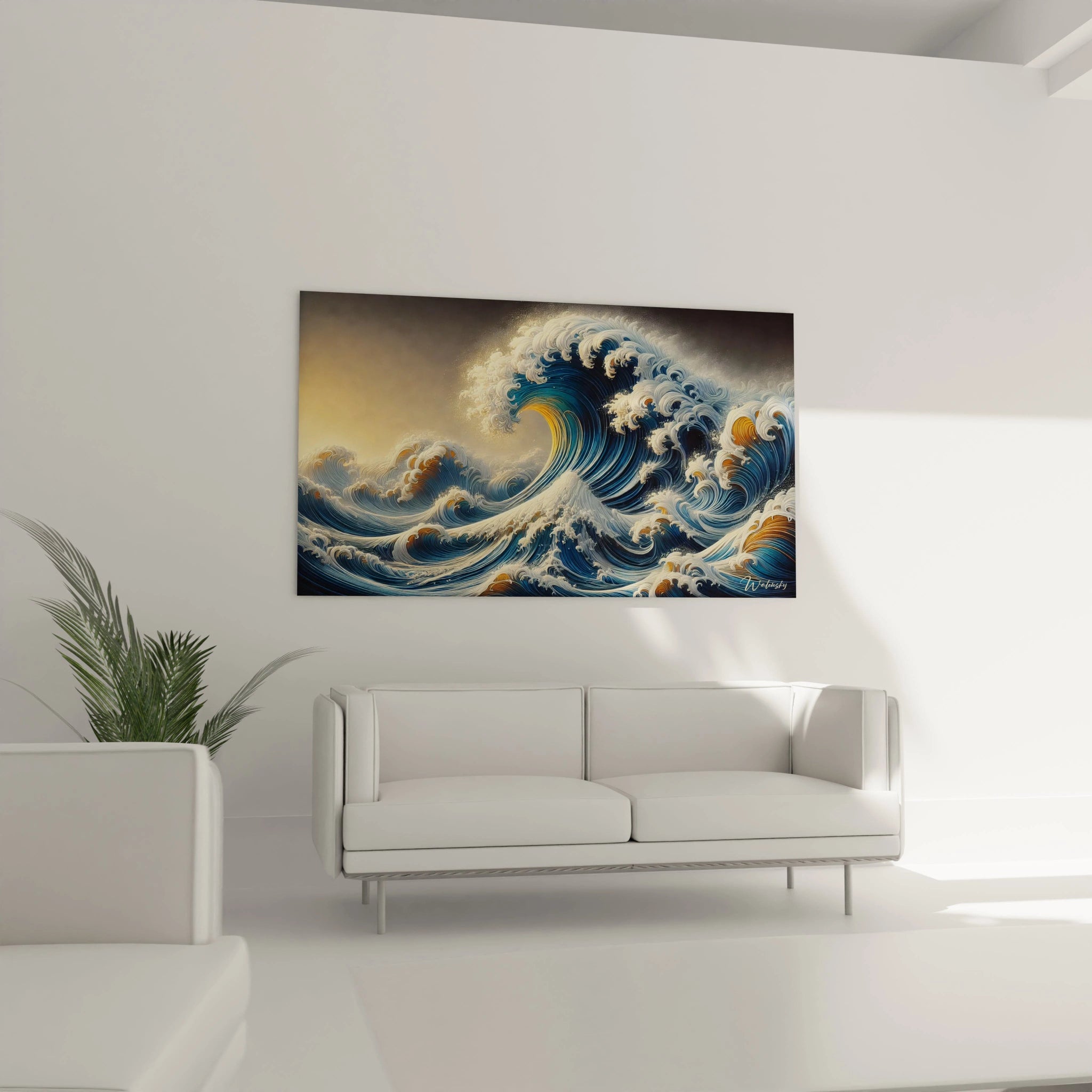 Tableau japonais accroche au mur au dessus du canape ajoutant une touche de profondeur au salon avec ses nuances de bleu et ses touches dorees pour une ambiance elegante et unique